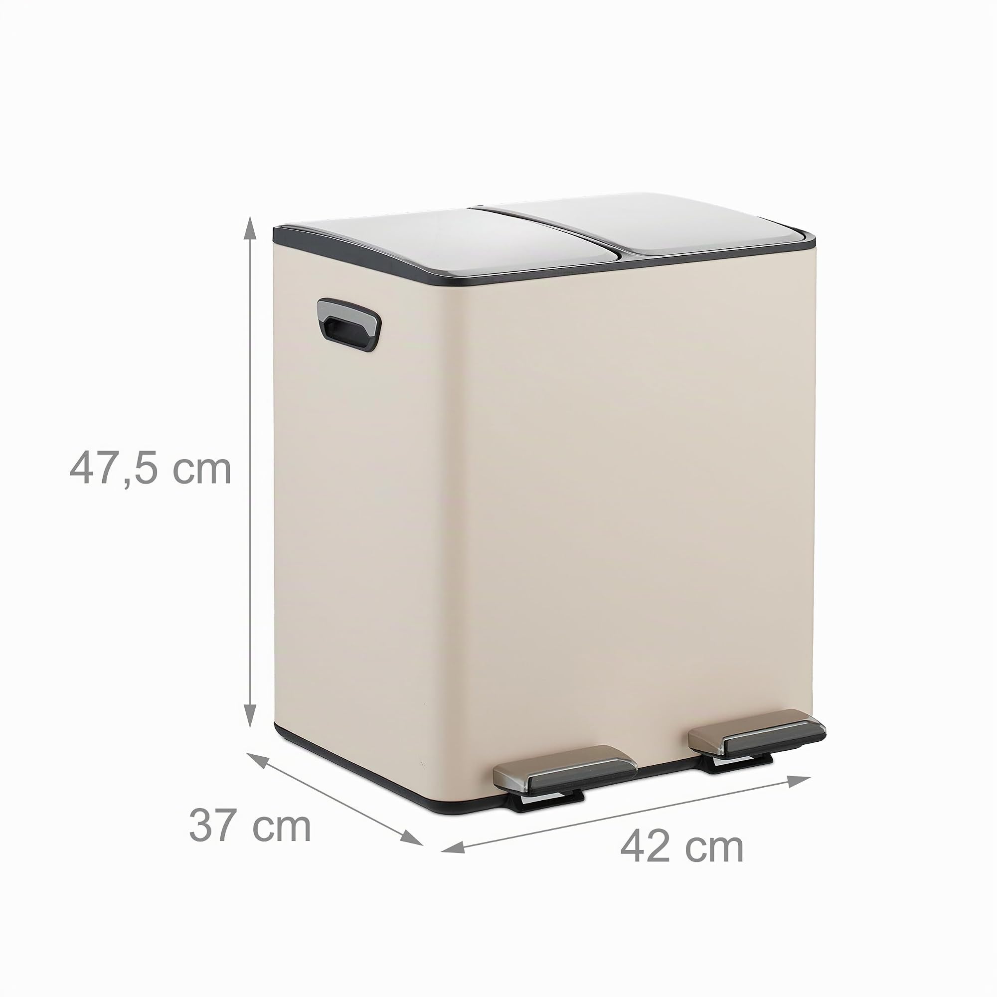 Relaxdays Mülleimer, 2 Fächer, je 15 Liter, entnehmbare Inneneimer, Fußpedal, Küche, Tretmülleimer, Eisen, beige/Silber