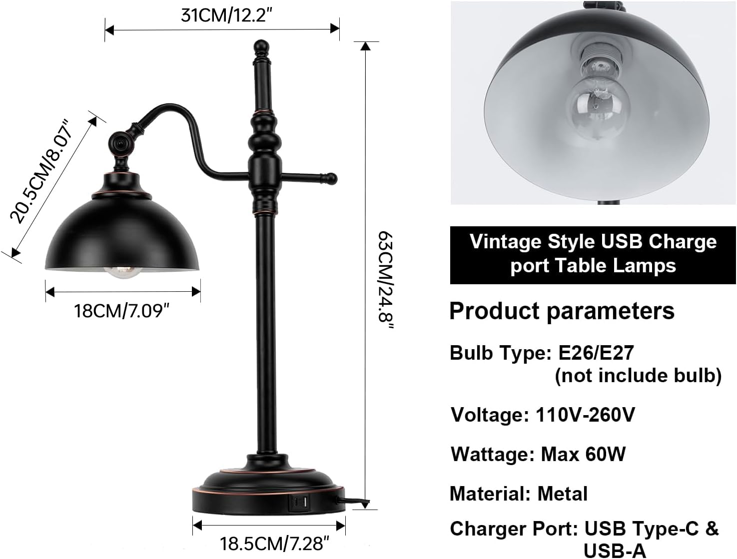 Schwarze Metall-Tischlampe im Retro-Stil mit USB-Anschluss, rundes Design im Industrial-Stil, geeignet für Wohnzimmer, Schlafzimmer und Büro (2er-Set)