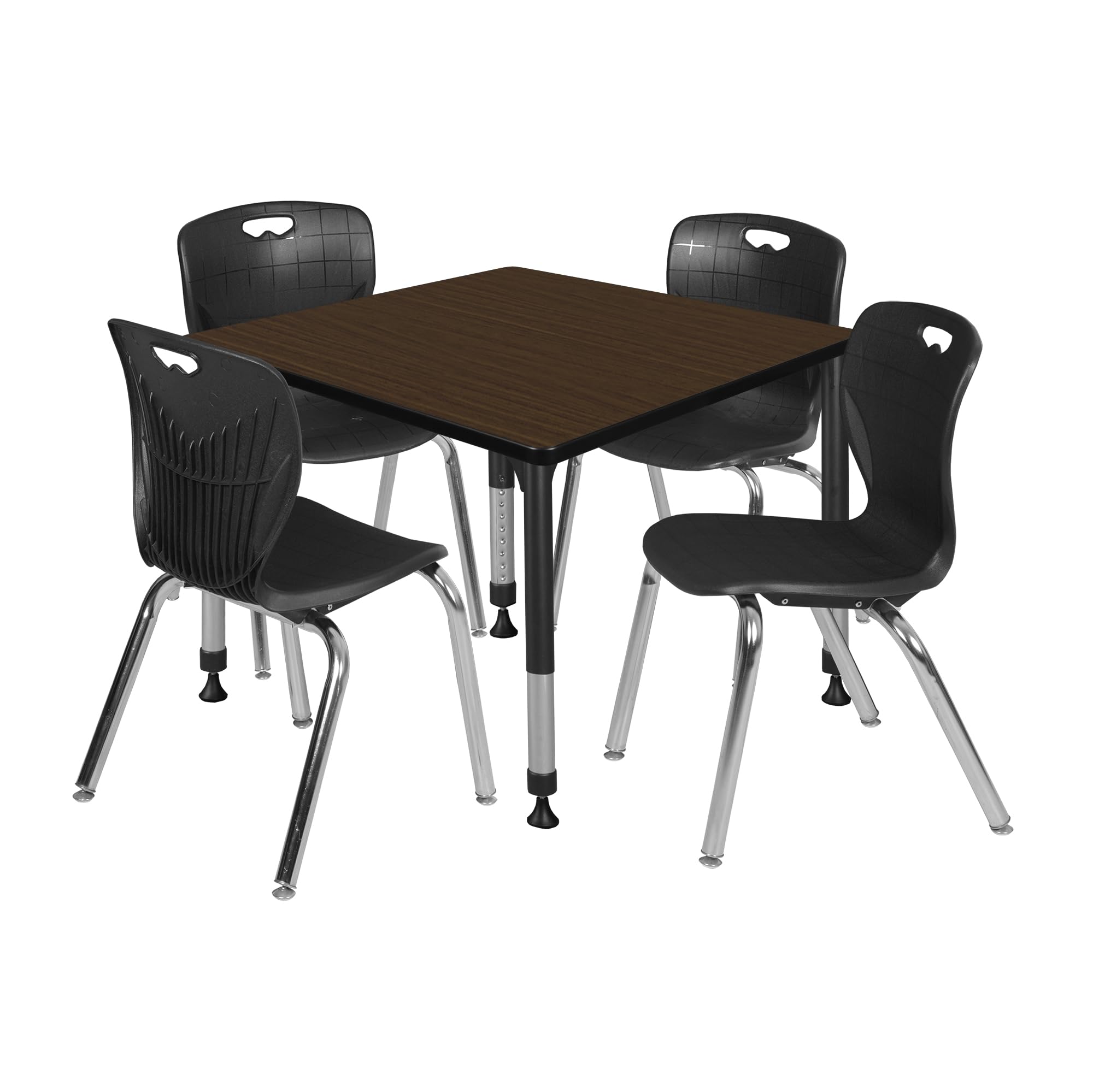 Regency Kee 42 in. Square Adjustable Classroom Table- Neo Walnut Top, Black Base & 4 Andy 18 in. Black Stack Chairs