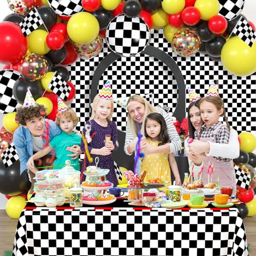 Image of WNINK 4 PCS Racing Car Theme Tablecloths Car Disposable Plastic Tablecloths Black Checkered Flag Table Covers Racetrack Rectangular Tablecloth for Race Car Birthday Party Decorations, 54 x 108 Inch
