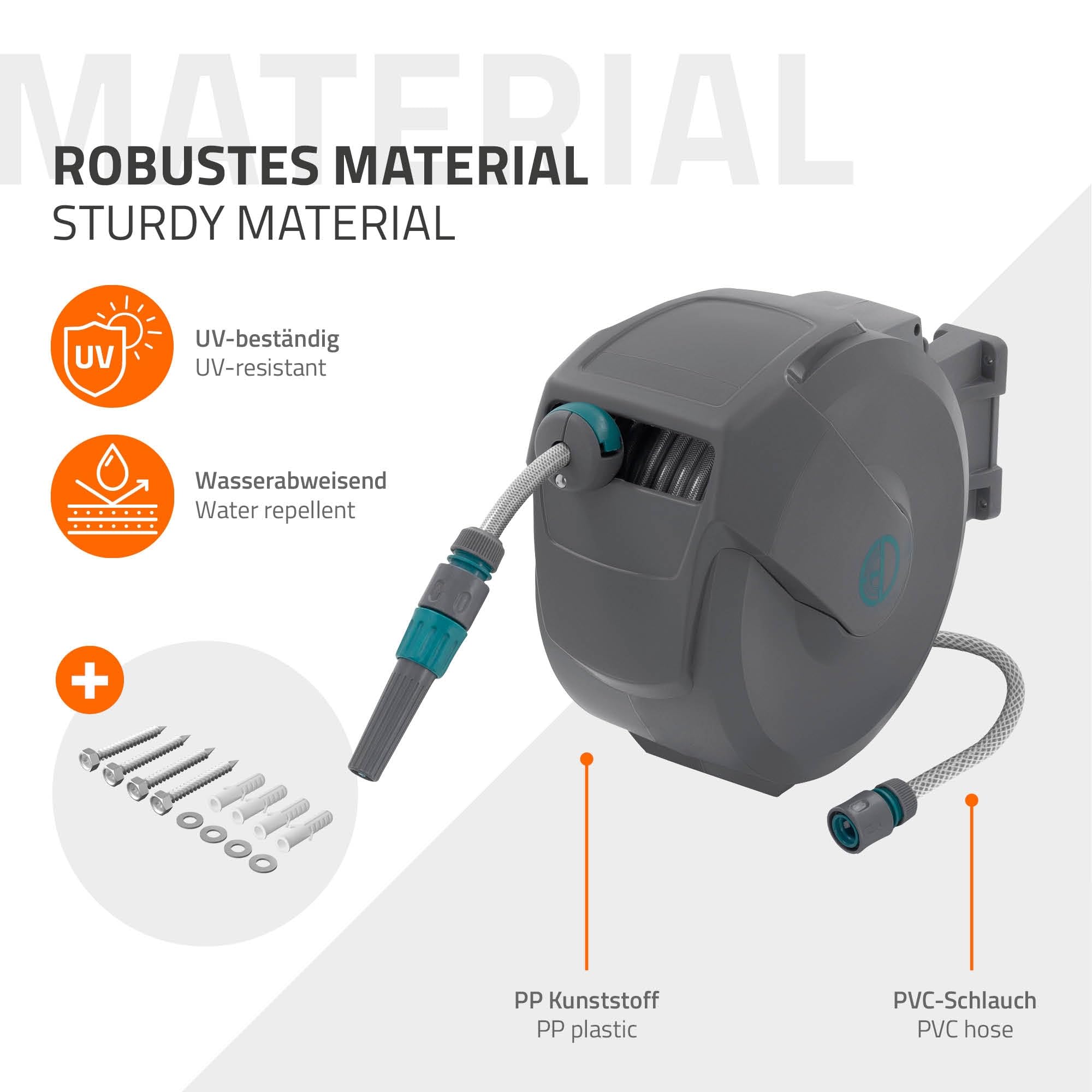 ECD Germany Carrete de Manguera 15m + 1,5m Extensible de PVC Enrollador Automático Portamanguera con Bloqueo y 9 Funciones de Pulverización, Tambor de Pared Giratorio 180° para Jardín Exterior