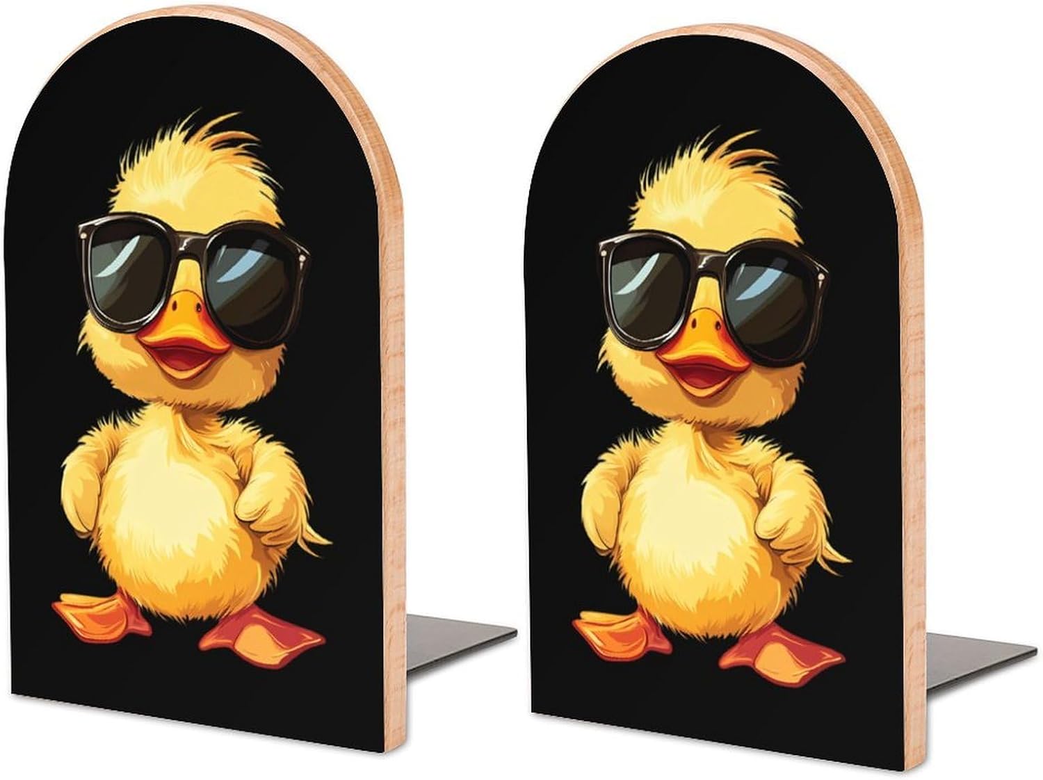Cute Yellow Duck in Glasses Cute Wood Book Ends Decorative Bookends 1 Pair Non-Skid for Shelves Home Office 7 X 5 Inch