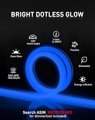 Miniatura 2 de Shine Decor Tira de luces LED de neón conectables, 16.4 pies, flexible, CA, 110 V, 120 V, tira de luces LED de neón (color azul) al aire libre,