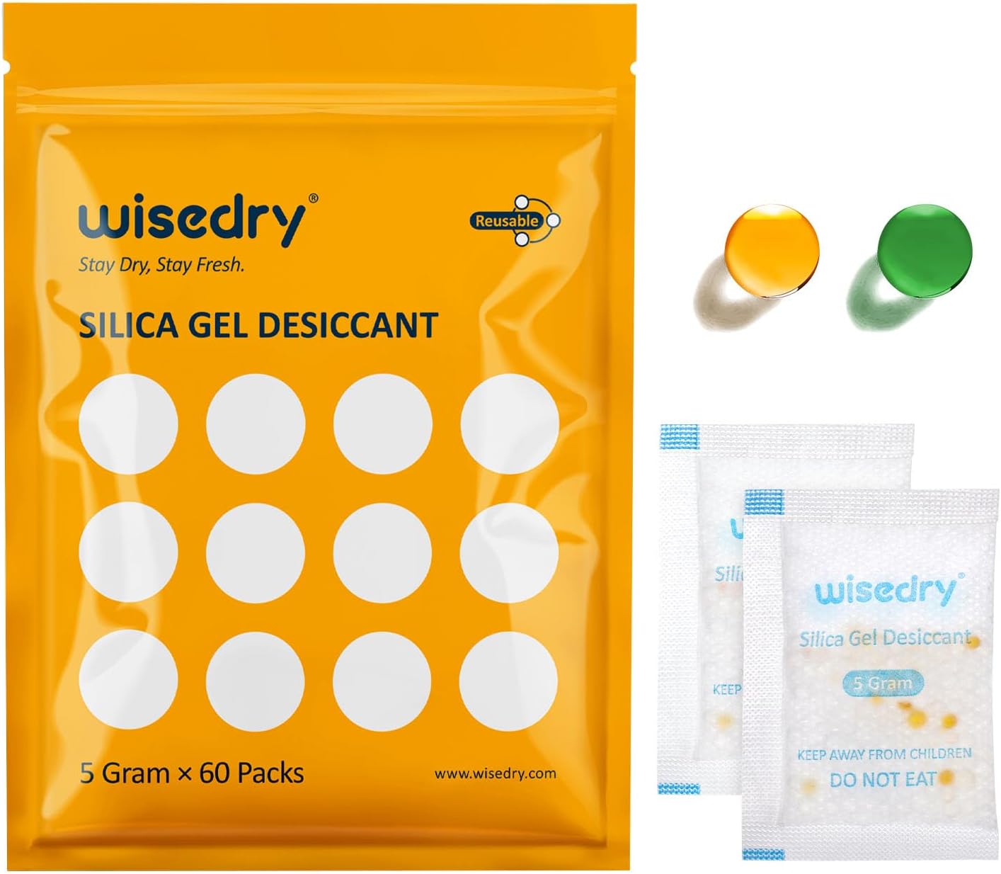 wisedry 5 Gram [60 Packs] Silica Gel Sachets Pouches Desiccant with Orange Beads Humidity Indicator Moisture Absorber for Air Dryer Moisture Removal, Food Grade