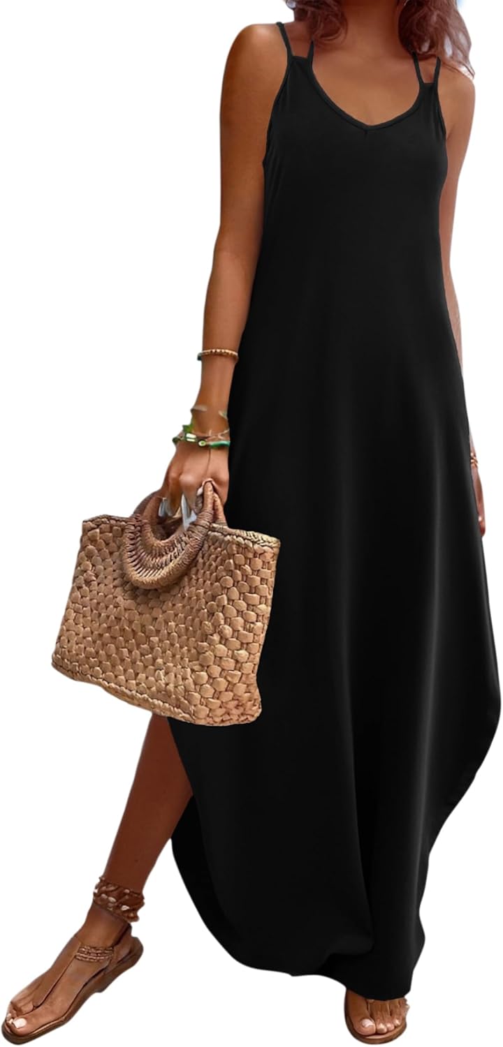 Zeagoo womens casual sundress summer maxi v neck split boho beach dress with pockets