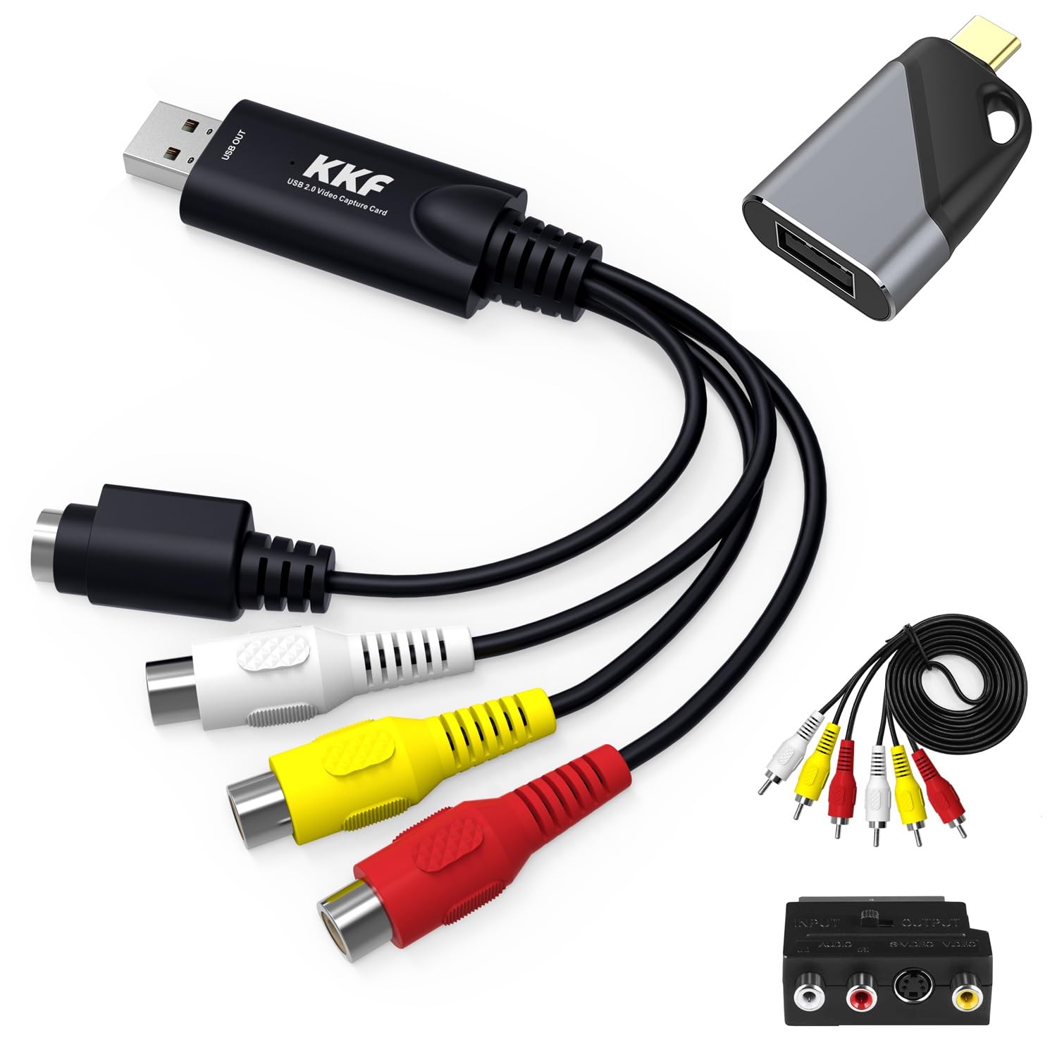 Kkf RCA AV to USB Video Capture Card Converter, Convert Analog VHS VCR to Digital Adapter, USB 2.0 Audio Transfer Grabber, Digitize Video DSLR DVD PS3 PS4 Camera (IU037B-3)