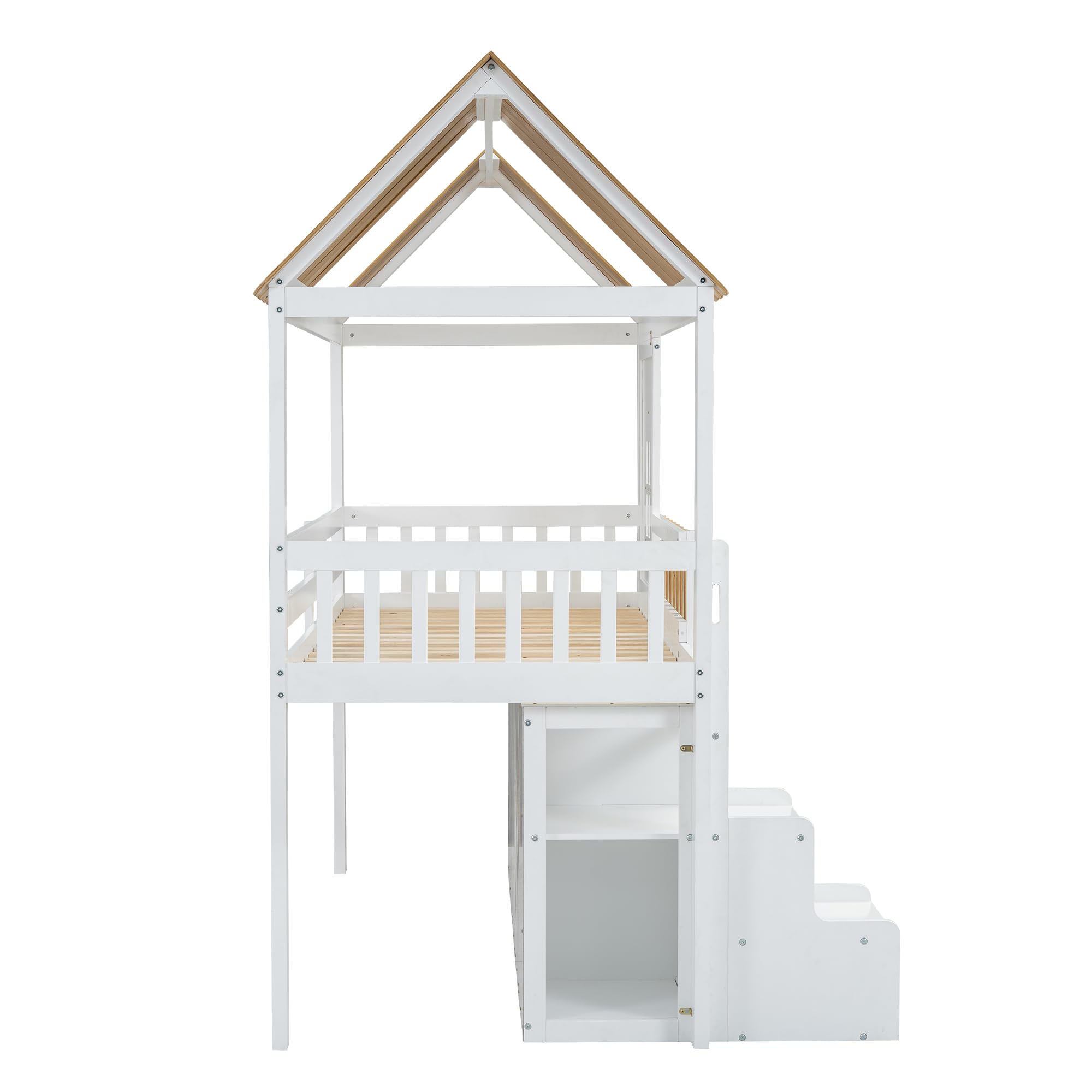 Cama alta de 90 x 200 cm, cuna con armario, cama de madera con ventana y zapatero, cama para niños y adolescentes (sin colchón) blanco+pino natural
