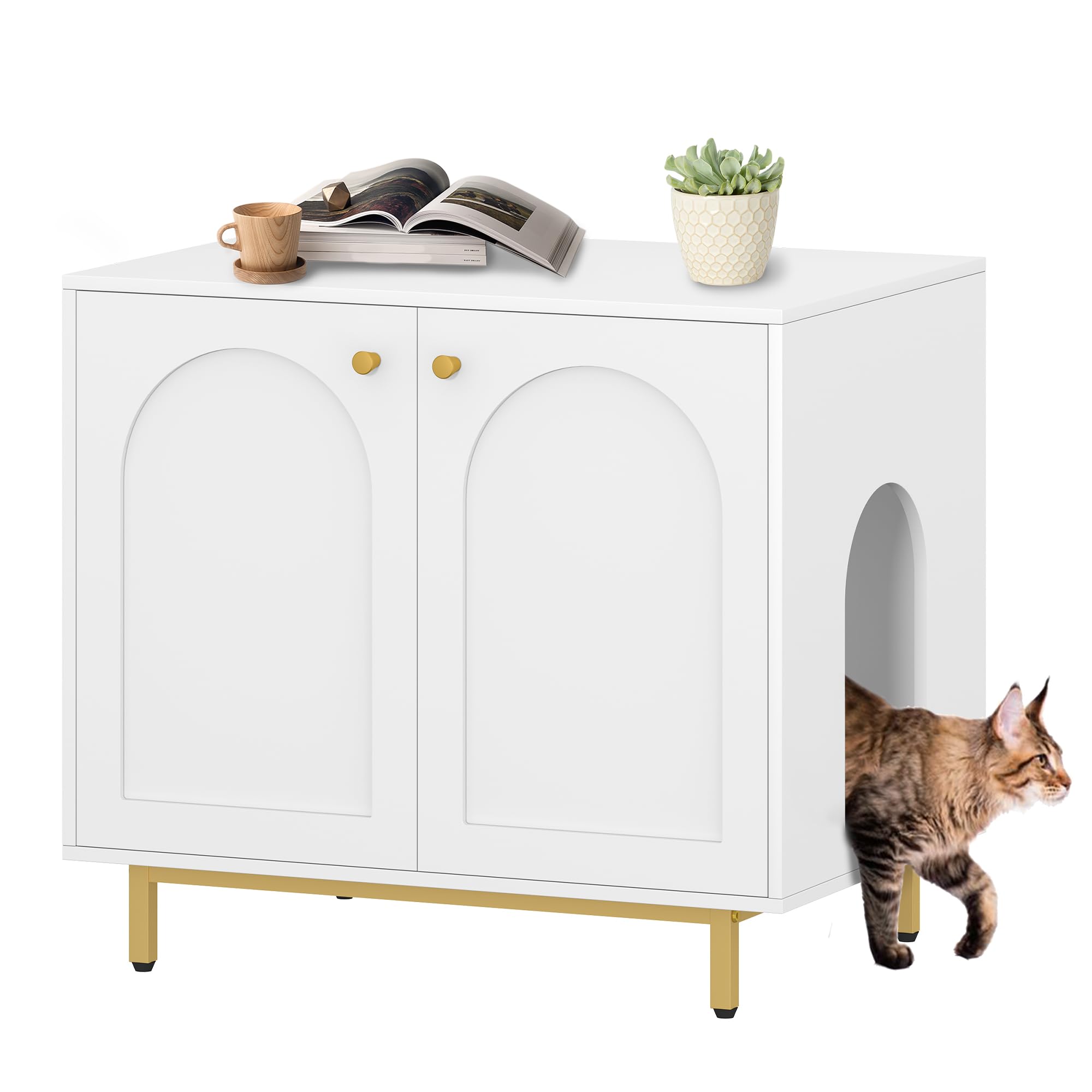 Hzuaneri Caja de Arena para Gatos, Muebles de Caja de Arena, Mesa Auxiliar para Casa de Mascotas, Banco de Gabinete de Almacenamiento, se Adapta a la Mayoría de Gatos, Blanco y Dorado CB85003G