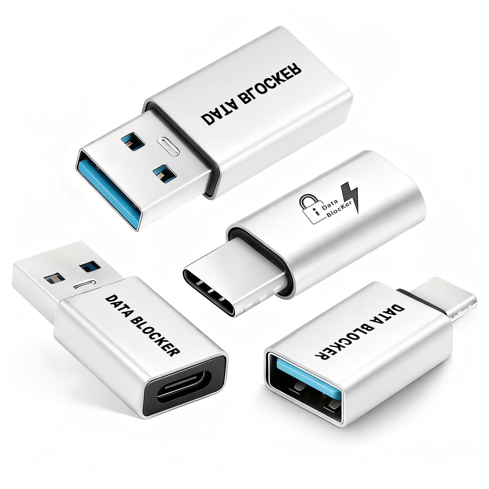 Duttek USBデータブロッカー、USB A USB Cデータブロッカー、ジュースジャッキング対策、ハッキング防止、データブロッカー専用 安全充電4個パック (銀色)