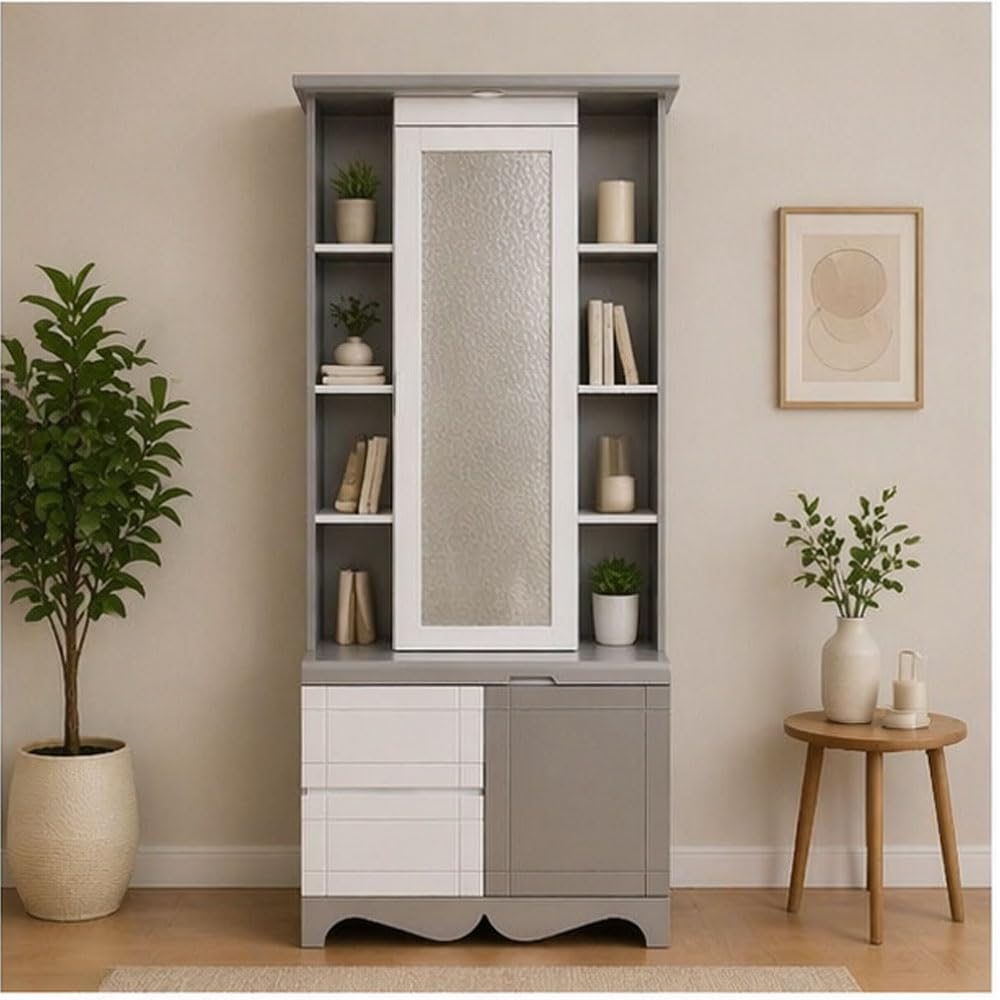 Dressing Table | Storage Cabinet, Open Side Shelves, Grey & White Finish, Bedroom Furniture, Modern Vanity Unit-image-17