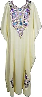 Indiatrendzs Womens Tunic Kashmiri Kaftan Hand Embroidered Beige Loungewear 2X