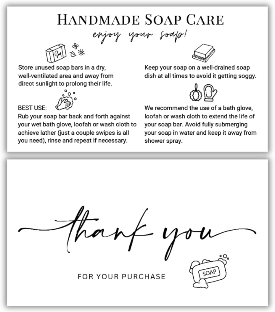 Handmade Soap Care Cards | 50 pack 2 x 3.5 Inch business card size | Handmade Soap Bar Card Instructions | Instructions for Soap Maker Clients Care Guide