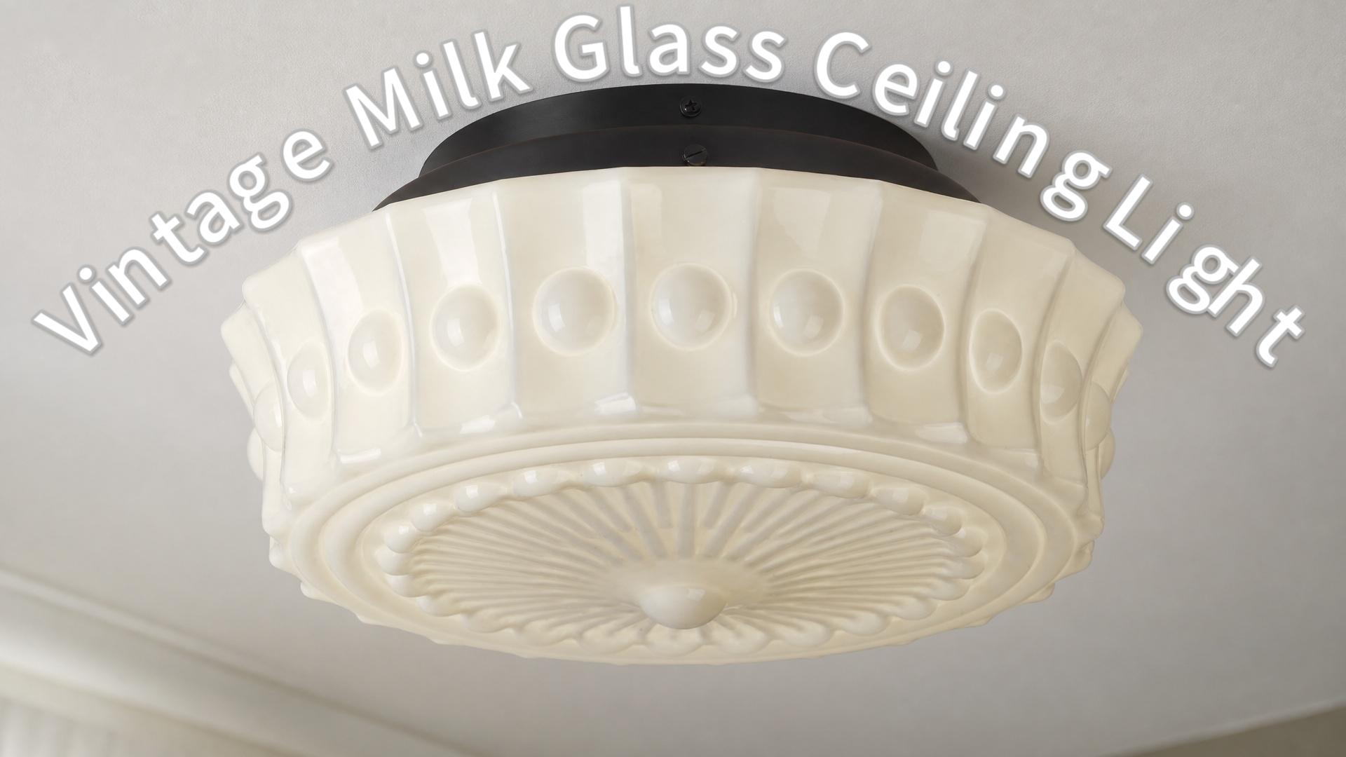 Image of White Milk Glass Ceiling Light Fixture, 13.8'' Flush Mount Lighting for Bedroom, Hallway, Kitchen & Dining Room, Vintage Mid Century Design, 4 LED Bulbs Included, Ideal for Modern Farmhouse