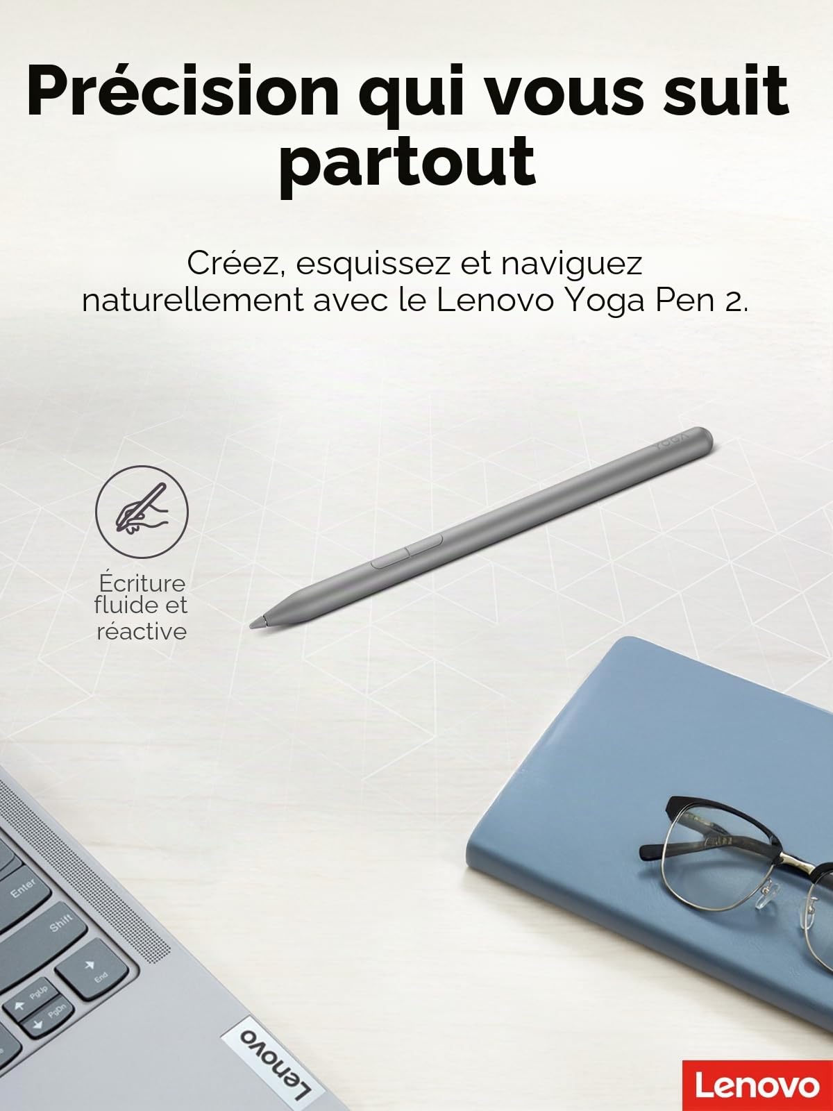Lenovo Yoga Pen 2 avec étui magnétique, Stylet AES 3.0 avec 8192 Niveaux de Pression, Rechargeable par USB C, détection d'inclinaison, Support Multi-protocole pour Lenovo Yoga 2 en 1, Gris Luna