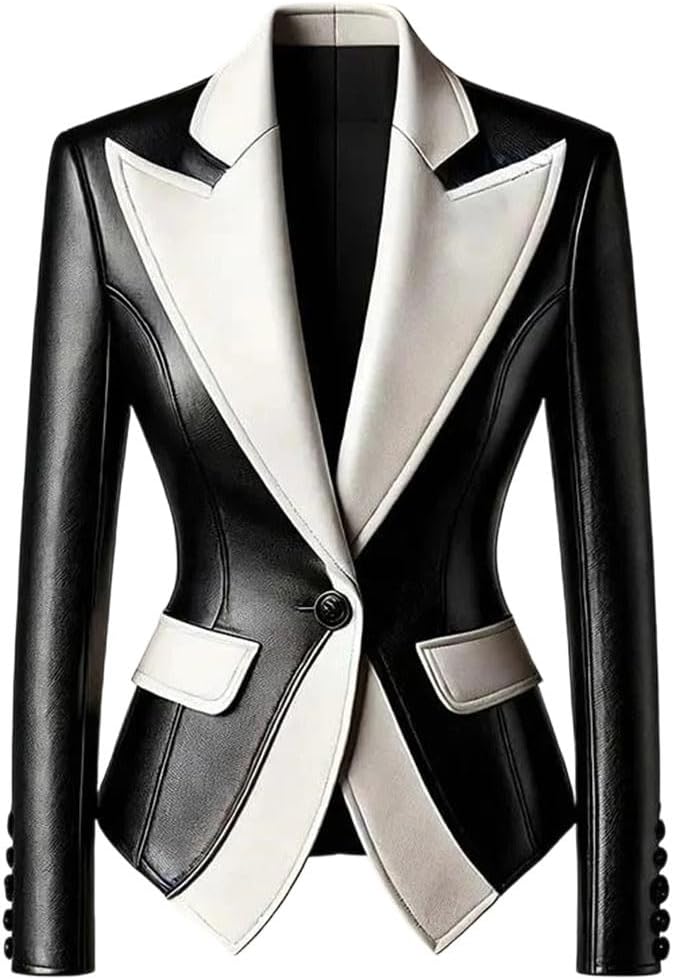 Women's Faux Leather Turn Down Collar High Waist Patchwork Tailored Blazer