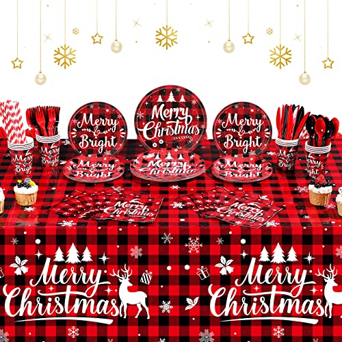 194 Pcs Christmas Buffalo Plaid Party Supplies Red Black Buffalo Plaid Plates Set Christmas Disposable Tableware and Tablecloth Party Pack for Xmas Holiday Party Home Dinner Supply, Serves 24