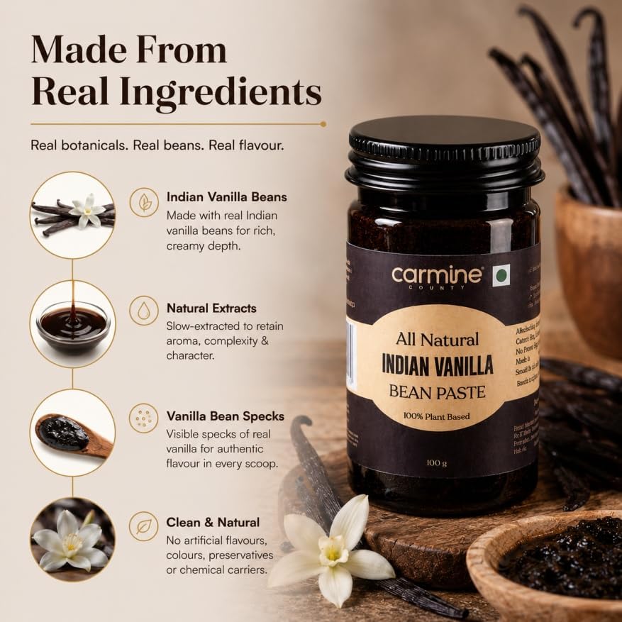 Image of Carmine County All Natural Pure Indian Vanilla Bean Paste 100g | No Added Sugar, Gluten-Free | Rich Flavor for Baking, Cooking, Ice Cream, Cakes, Cookies, Custards, Coffee, Milkshakes & Frosting | Vanilla Extract Substitute
