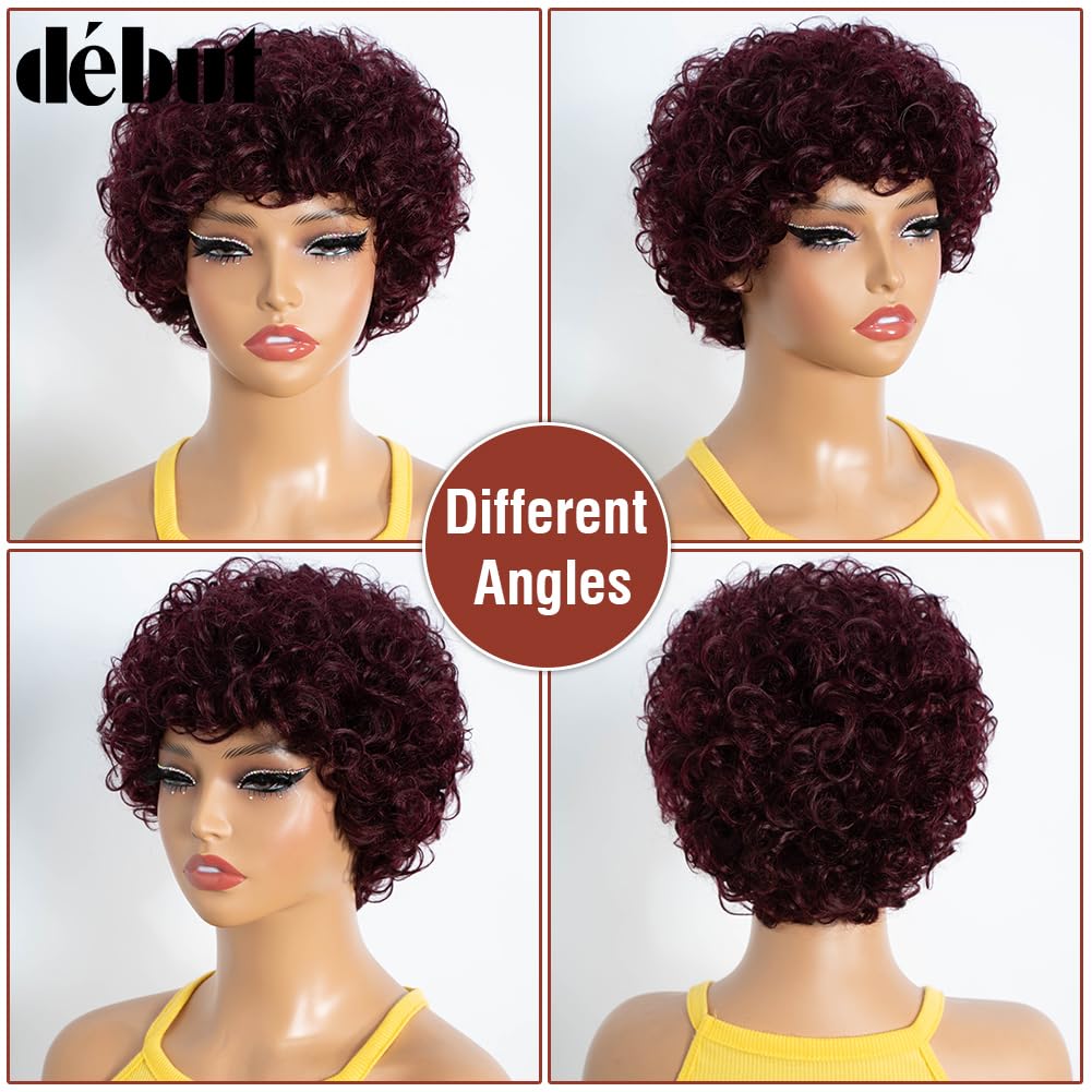 DÉBUT Short Curly Wig 100% Human Hair Wigs For Women Red Afro Curly Wig with Bangs Pixie Cut Wig Brazilian Remy Hair (8 inches, 99J) - Image 4