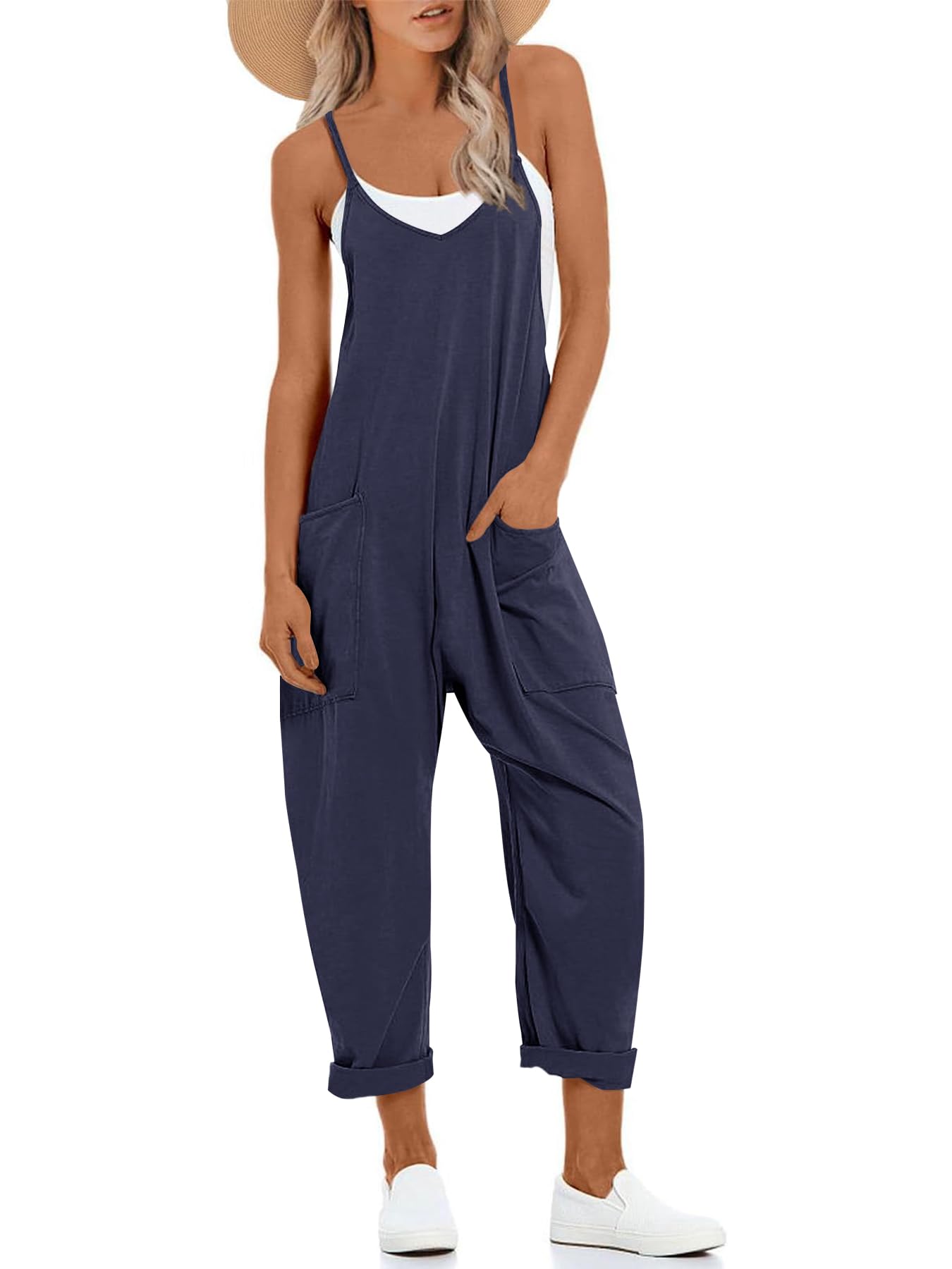 Muchpow Women's V Neck Sleeveless Jumpsuits Spaghetti Straps Harem Long Pants Overalls With Pockets