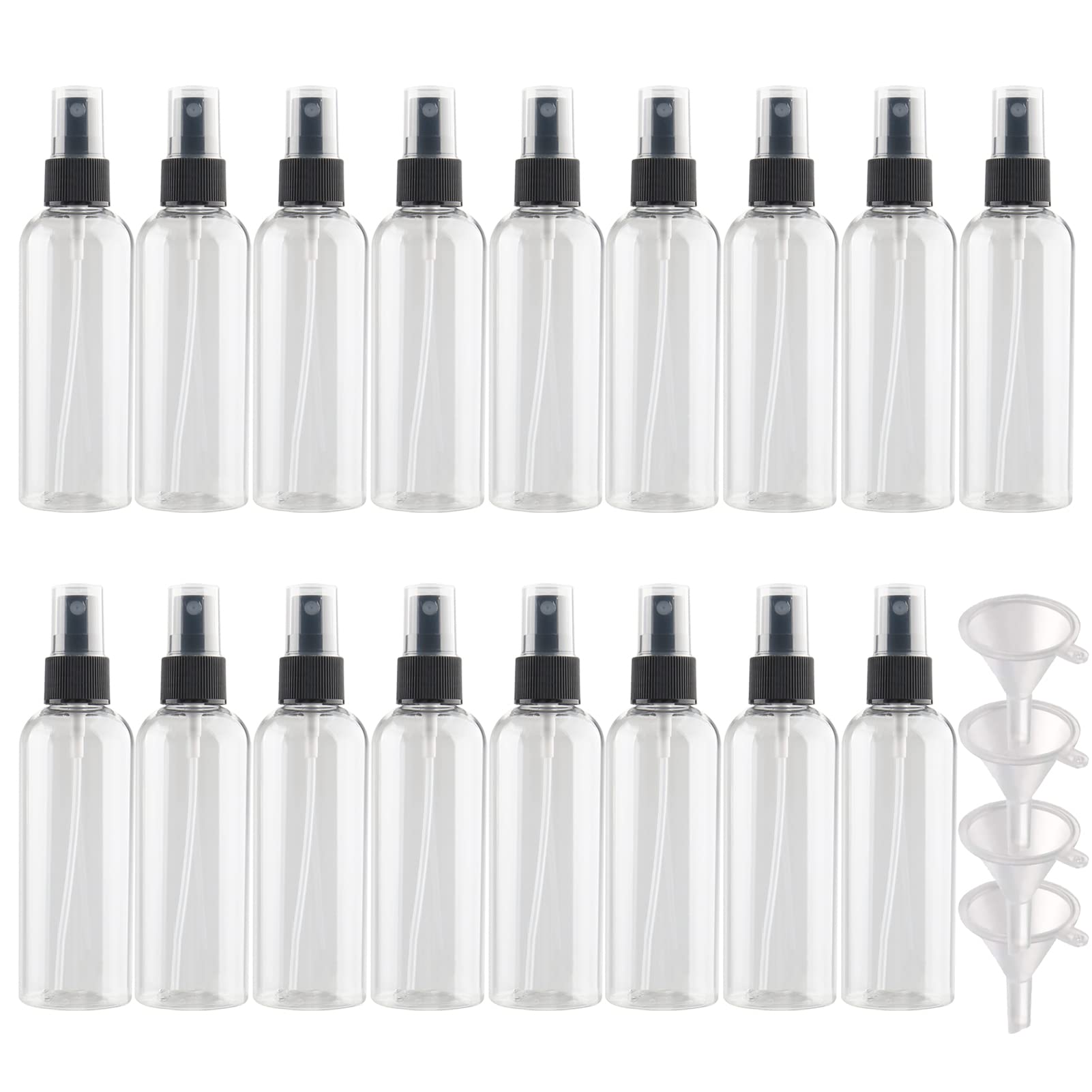 50 Stück Leere Transparent 100ml Kunststoff Sprühflasche mit Schwarz Zerstäuber Flasche, Tragbar Feinen Nebel Pumpzerstäuber Zerstäuberflasche Parfümzerstäuber Reise Flakons, 5x Trichter