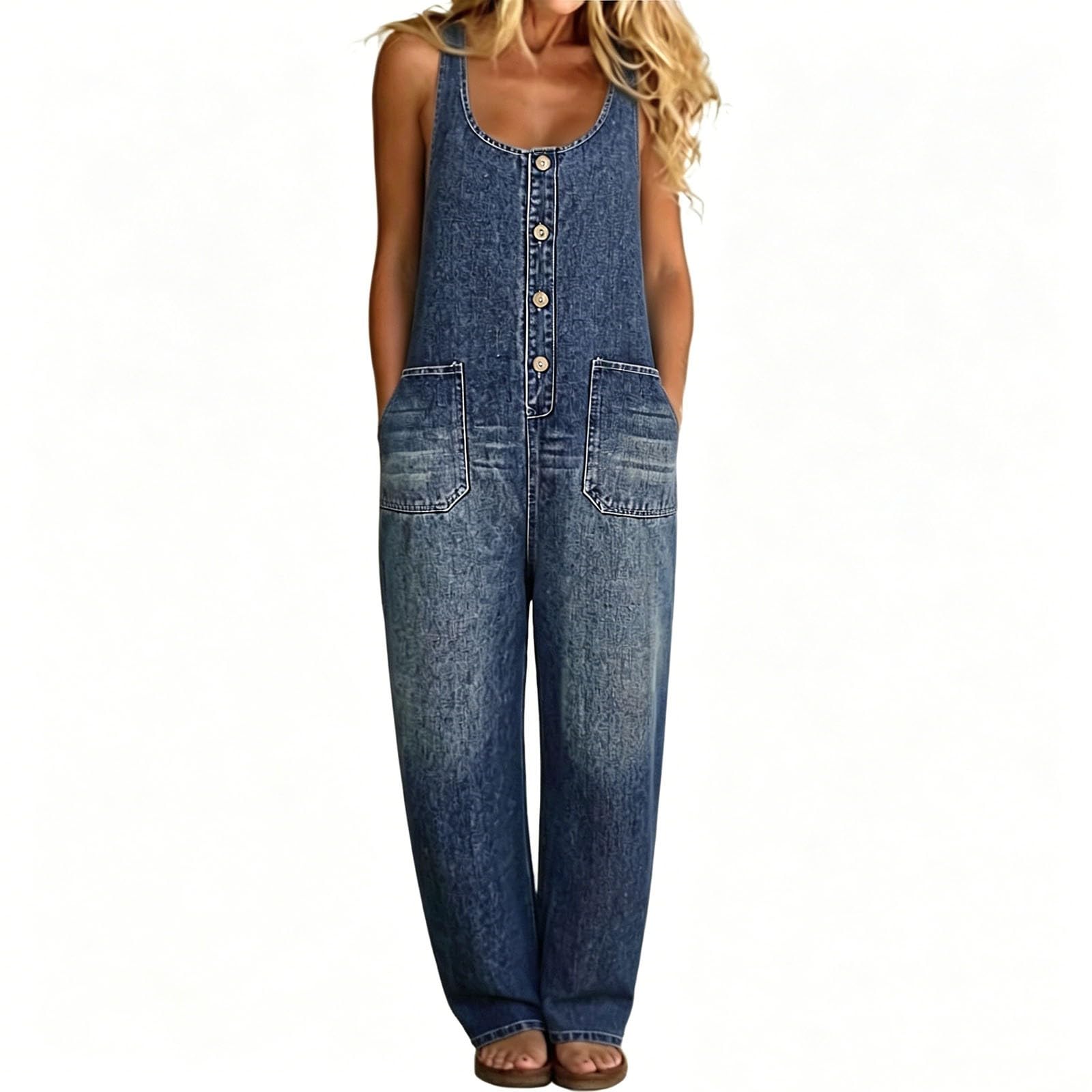 Generisch Damit Overall Peto für Weite Ärmloses U-Ausschnitt ElegRomper Taschen Knöpfe Playsuit Lässige Lockerer Schnitt Jeans Langer Bein Damen