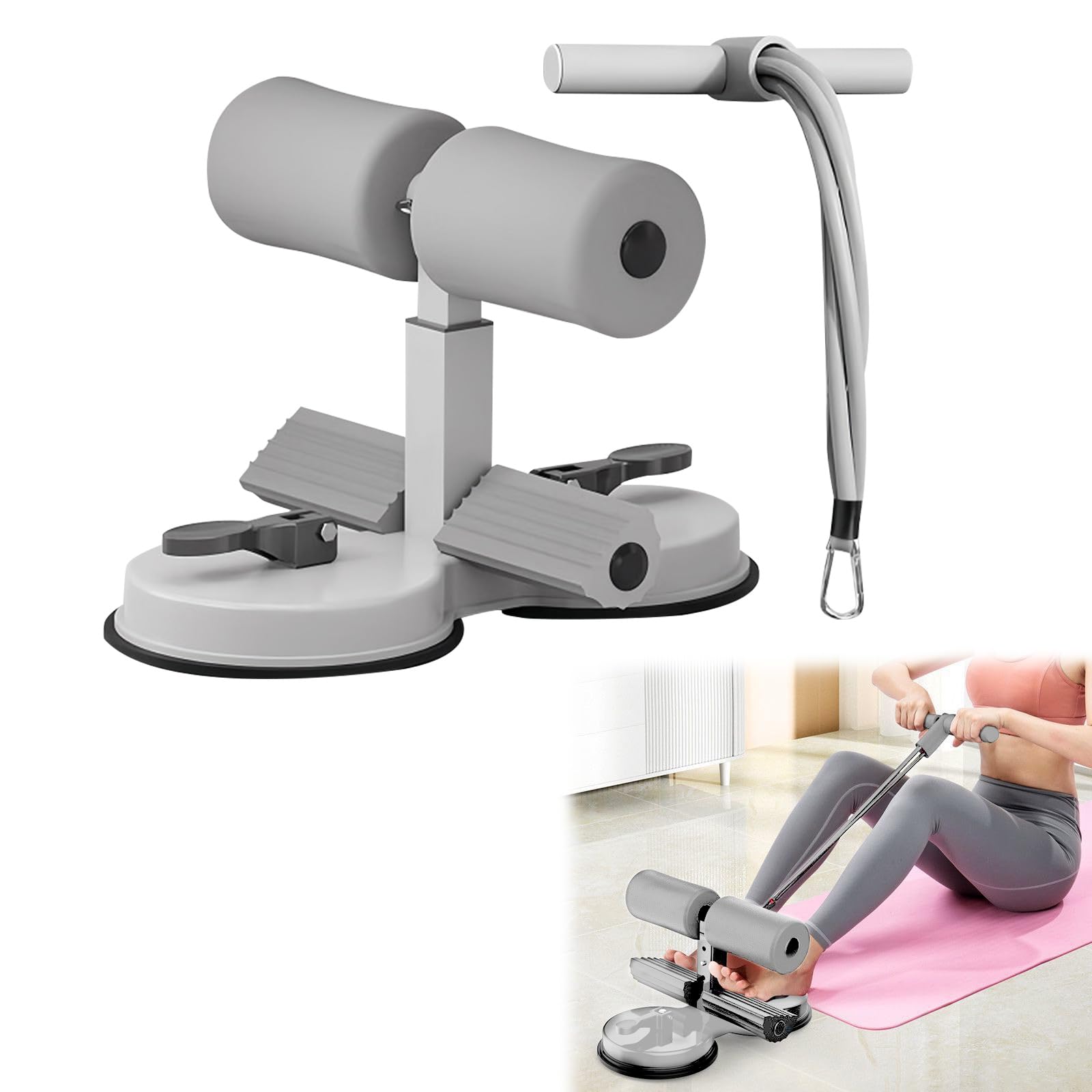 Sit Up Bar Foot Holder, Portable Sit Up Floor Holder, With 2 Strong Suction Cups, Sit Up Exercise Equipment, Adjustable Foot Holder, 3 Level Adjustable, Elastic Pull Rope, for Abs Workout Aids (Grey)