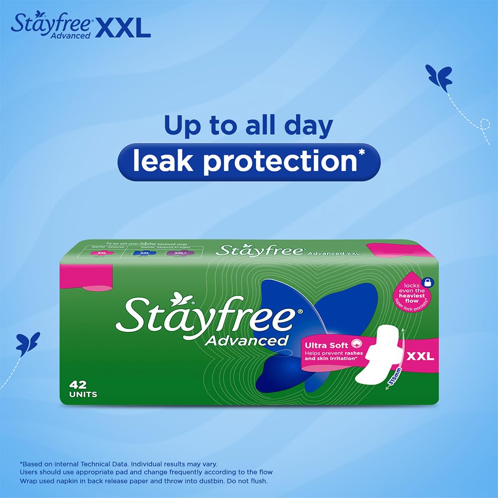 Stayfree Advanced XXL Ultra Soft Sanitary Pads for Women | 42 Soft Cotton Pads for All day Ultra Comfort | Locks Heavy flow | Prevent Rashes | Odour Control