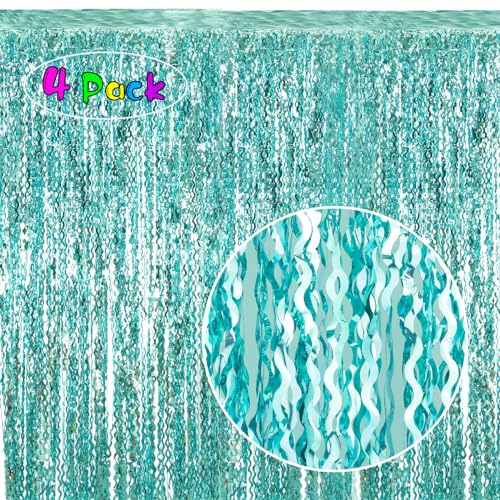 4 Pack 3.3 ft x 6.6 ft Wavy Aqua Teal Blue Tinsel Foil Fringe Curtains Backdrop - Wave Metallic Foil Curtains for Wedding Girl Princess Bachelorette Euphoria Theme Party Decoration