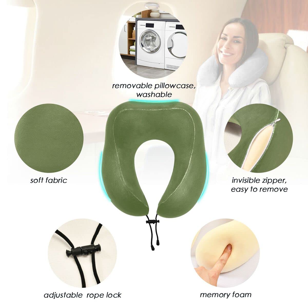Nander Plain Dark Olive Green Solid Color Travel Pillow - Memory Foam Neck Cushion - Support Neck Pillow with Storage Bag-Travel Neck Pillow for Car Airplane Work School