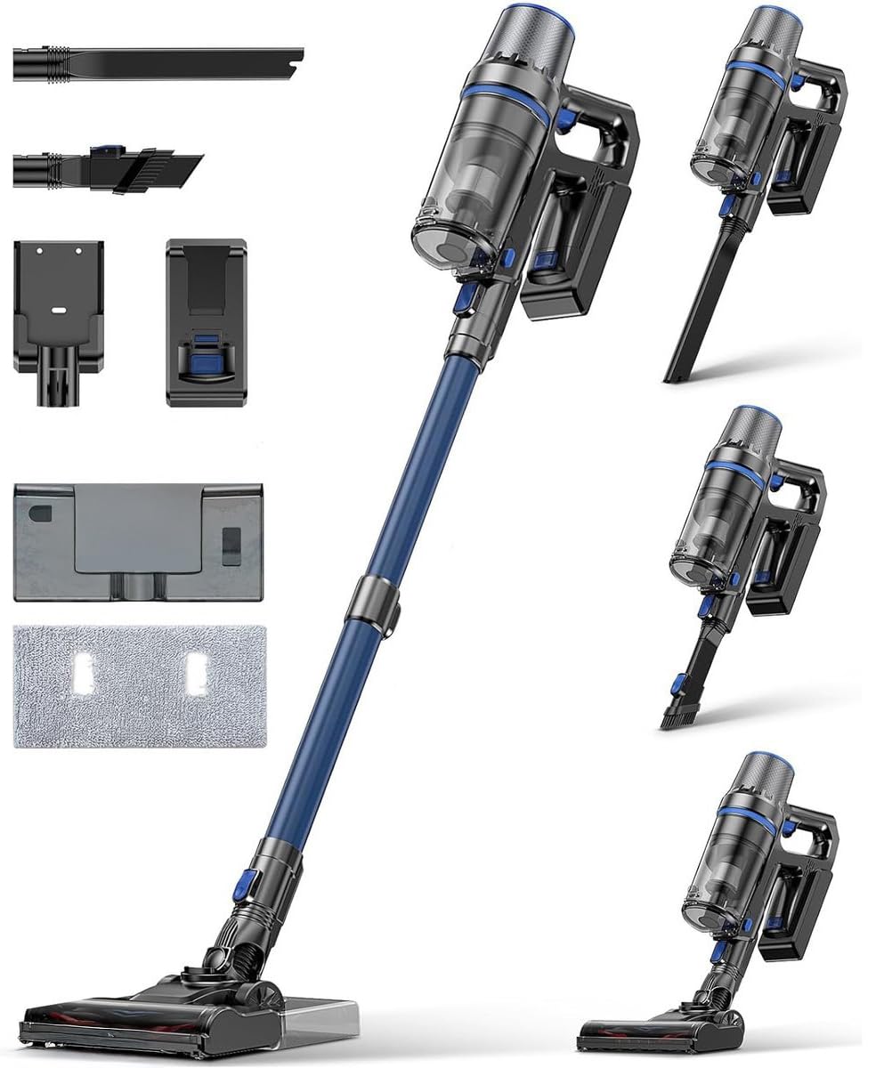 Olvy Akku-Staubsauger mit Wischfunktion, Tierhaare/Teppiche/Hartböden, Kabelloser 2-in-1, ohne Beutel, 35KPA Saugleistung, 5 Stufen, LED-Display, Leichter Staubsauger mit HEPA-Filter & Zubehör