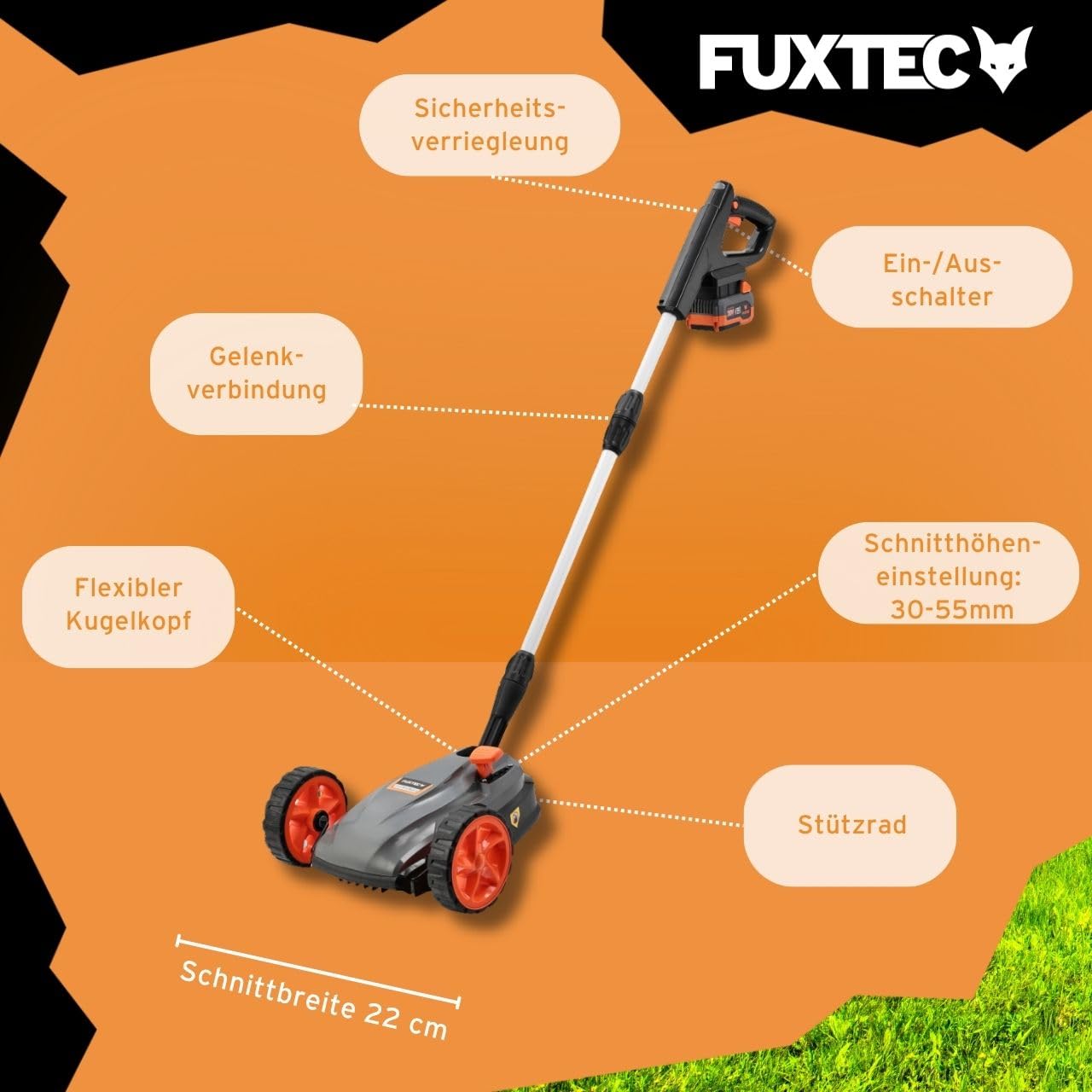 FUXTEC Akku Einhand-Rasenmäher FX-E1RMEH20-SET, kompakter Gartenmäher mit 220mm Schnittbreite, 20V Akku und Ladegerät, 300W, 3-fache Schnitthöheneinstellung 30–50mm, Flexible Kugelkopfsteuerung