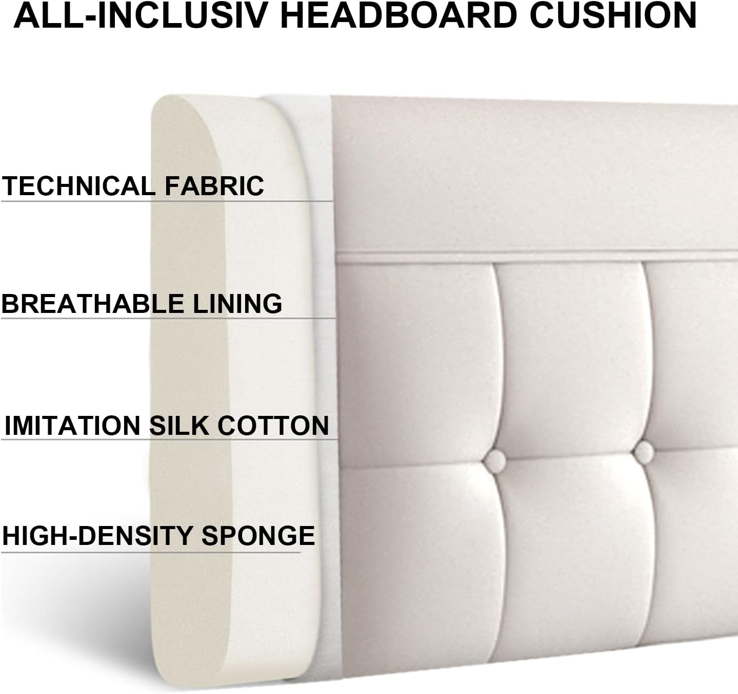 Wipeable Headboard Upholstered Oversized Soft Bed Backboard Technology Cloth Button Bedside Cushion Removable Large Bed Backrest with Headboard Cover,Beige,74.8x23x2In