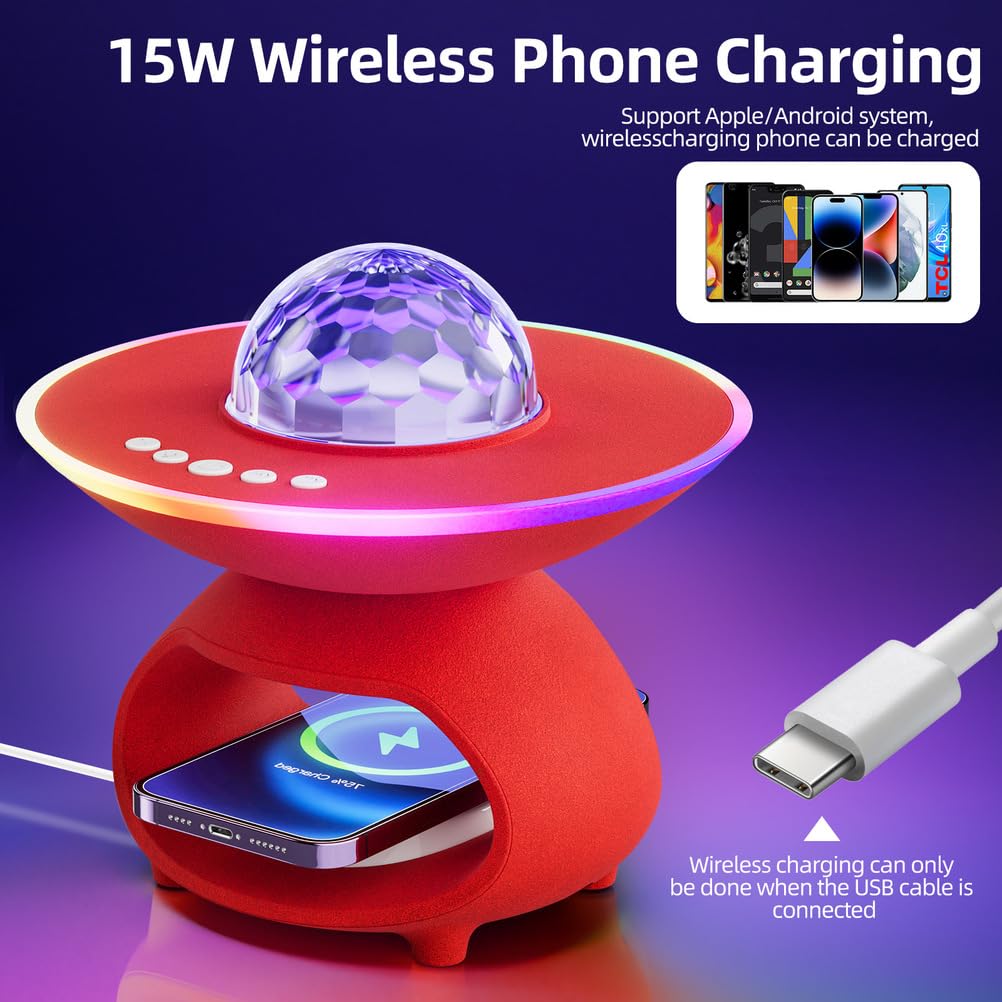 Proiettore cielo stellato Lampada da tavolo LED Smart con telecomando 15W Caricabatterie wireless e USB - Ricaricabile Lampada d'atmosfera con Bluetooth - Altoparlante Proiettore stellare RGB,Arancia