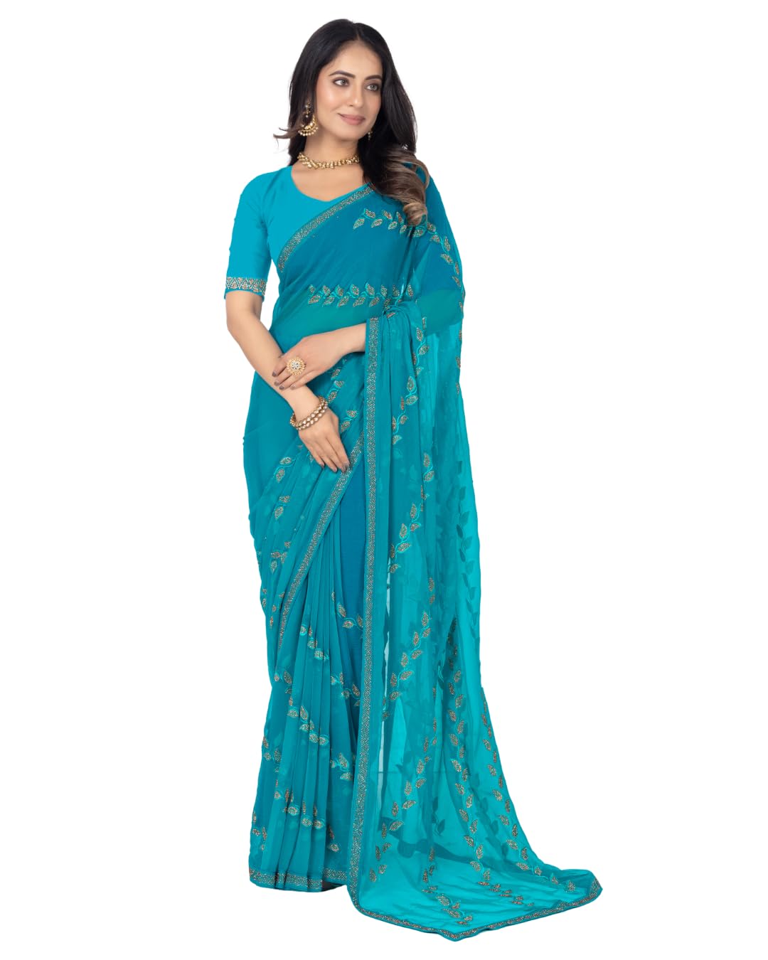 Vel Women Poly Chiffon fabric Embroidered work 5.5 metres saree with unstitced 0.8 metre blouse piece for women (Vel Seablue)-picture-31