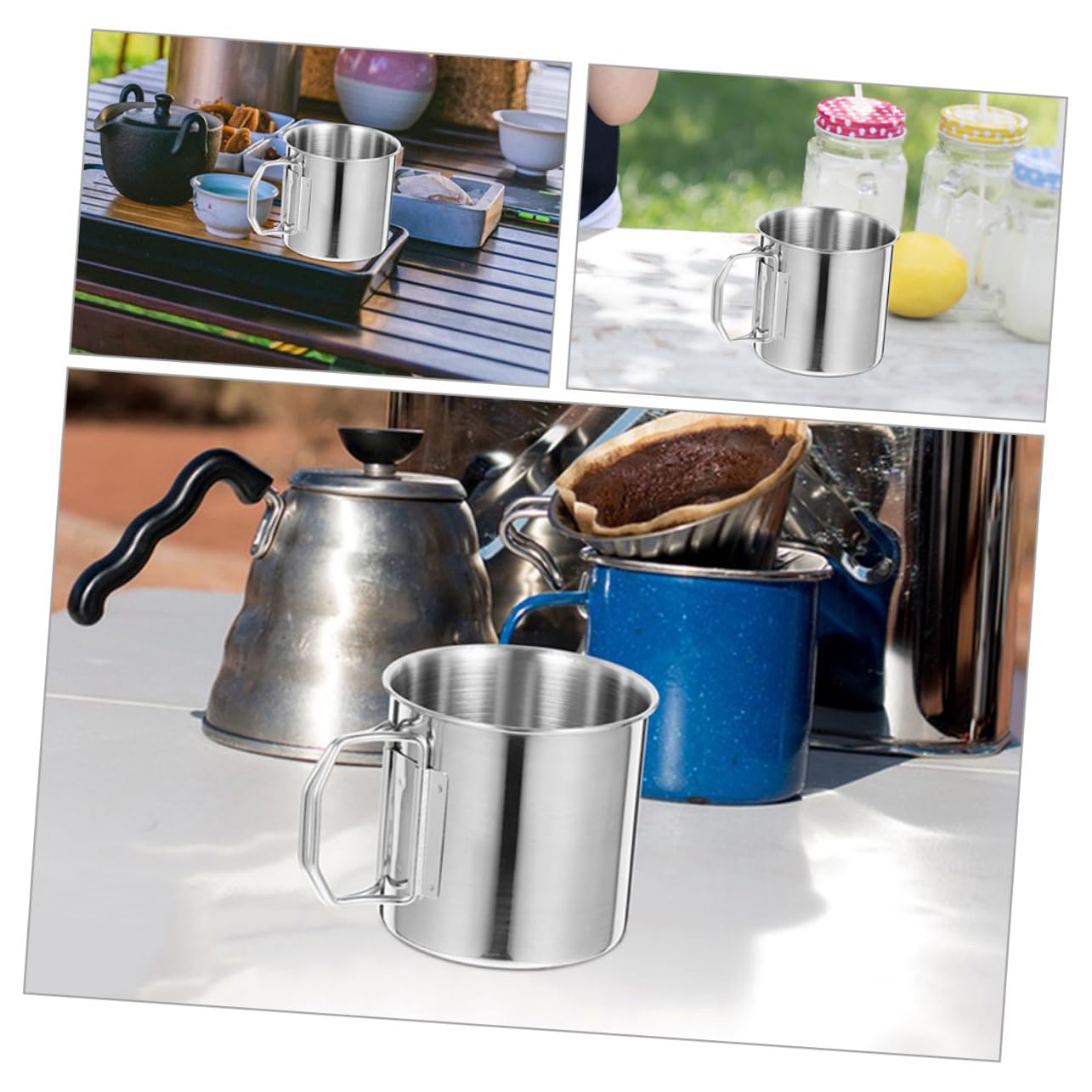 Taza para Beber con Asa Plegable 2 Piezas de Acero Inoxidable Plata