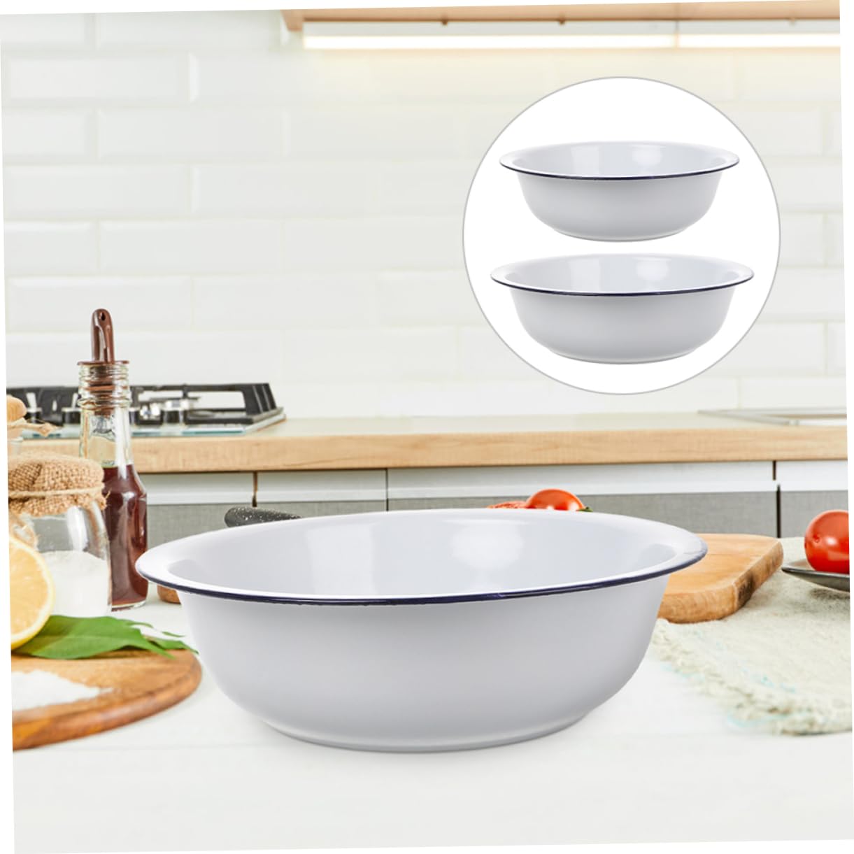 Tazón Esmaltado Blanco 2 Piezas de Gran Capacidad para Cocina