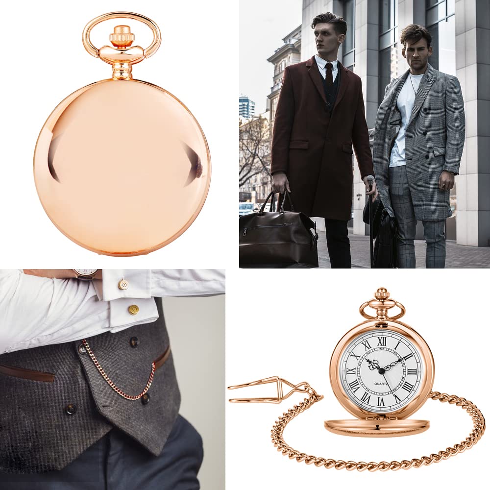 Reloj de Bolsillo, Reloj de Bolsillo clásico Acero Liso con Cadena y números Romanos for Hombre Mujer, Colgante, Regalo cumpleaños for el Día del Padre