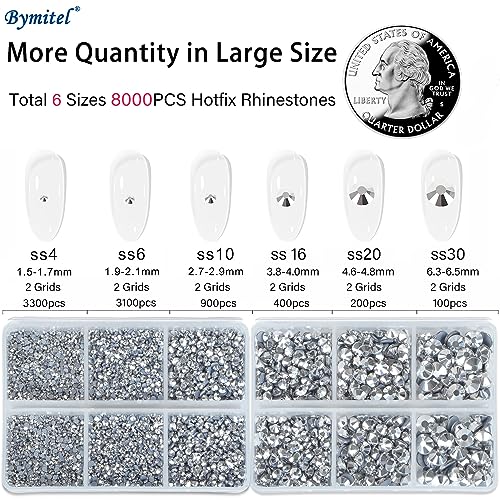Image of Bymitel Hotfix Crystal Rhinestones Round Gems for Crafts,Mixed 6 Sizes with Wax Pencil Kit, Labrdor 1.6-6.3mm SS4-SS30 /8000pcs