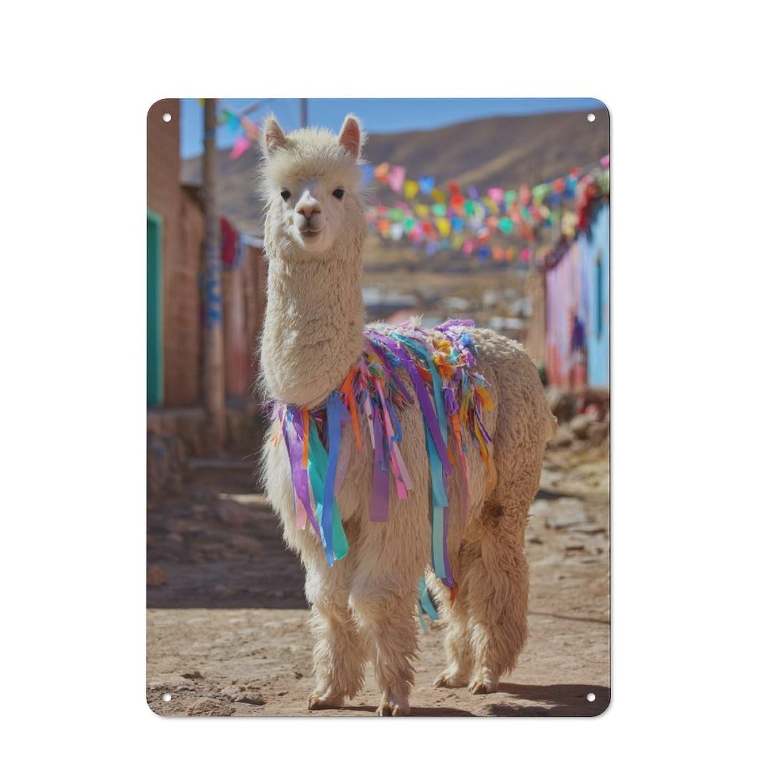 Junmoney Decorated Alpaca In A Colorful Village Shop Front Style Metal Wall Decor 40X30cm, Vintage Metal Sign For Tea Room, Shop Wall Or Breakfast Area