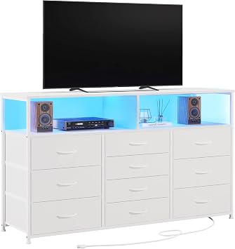 Unionly 55W 10-Drawers Dresser with 2 Open Storage Shelves, TV Stand Dresser for 55,65 inch TV,with Power Outlets and LED Lights, Fabric Dressers Drawers for Bedroom, Living Room White
