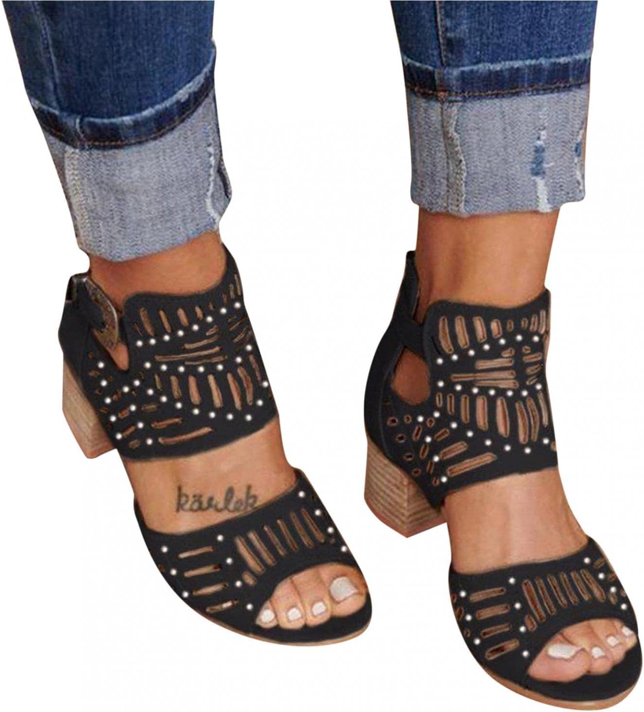 ZBYY Women's Ankle Strap Heeled Sandals Summer Platform Chunky Block Heel Sandals Cutout Peep Toe Heel Sandal with Zipper