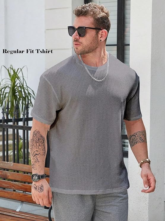 Image of Men Solid Waffle Round Neck Oversized /Dropshoulder |Baggy| Summer T Shirt for Ment Shirt