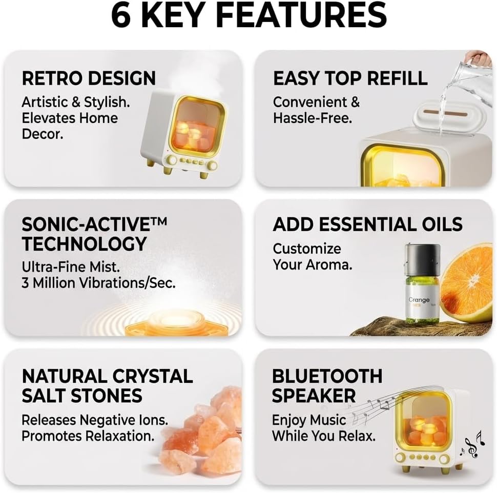 Bluetooth Aroma Diffuser & Humidifier with Essential Oil, Night Light, Wireless Speaker, Ultrasonic Cool Mist for Home, Office, Bedroom, Yoga (White)