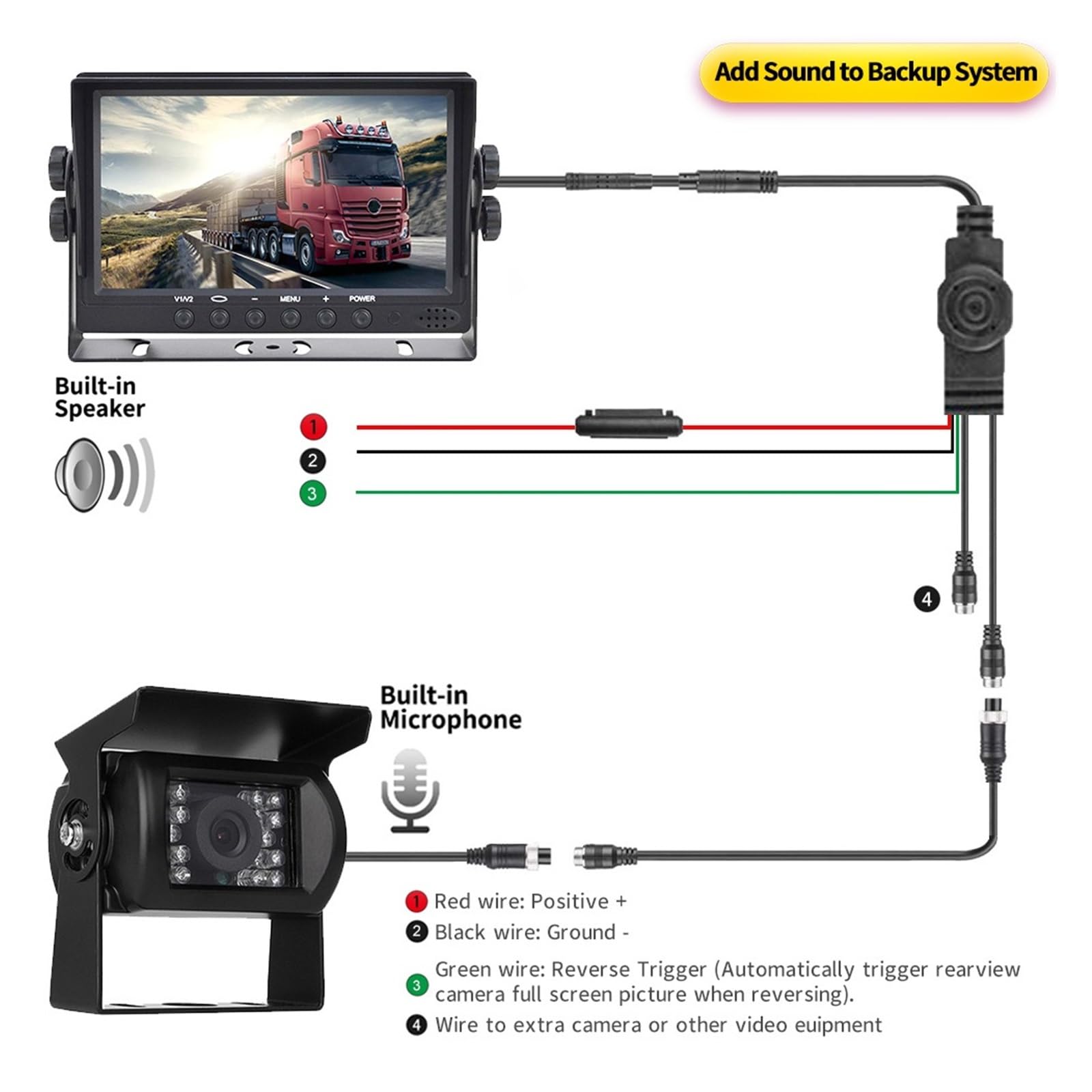 Zestaw Kamery Cofania Do Ciężarówki Z Dźwiękiem, Kamera Audio AHD-1080P Widokiem Tyłu, Wbudowany Mikrofon 7-calowy Monitor, Ekran IPS Stabilna Transmisja SygnałU(Camera Kit-Sound-15m)