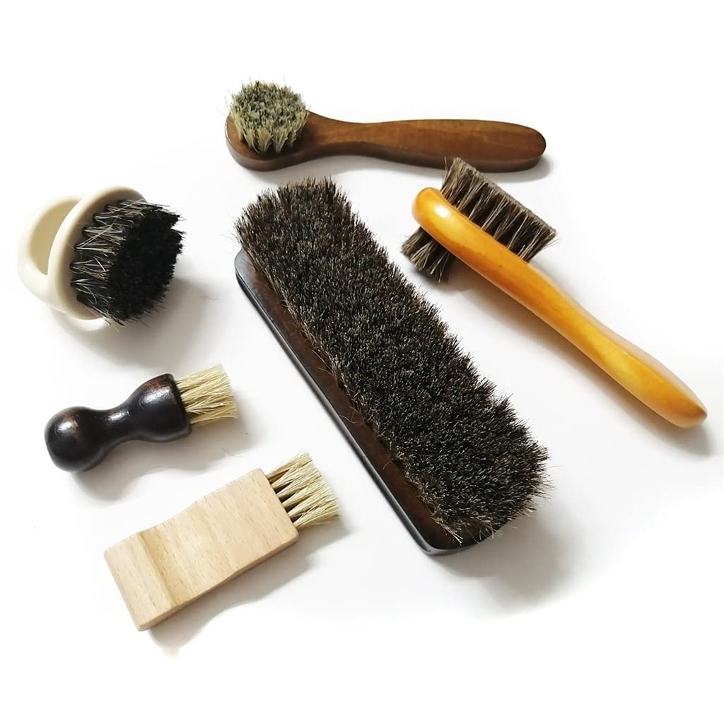 MQPALZKD 6 Pcs Set Horse Hair Pig Bristle Shoe Brush Oil Polish Tool Scrub Suede Clear Leather Shoes