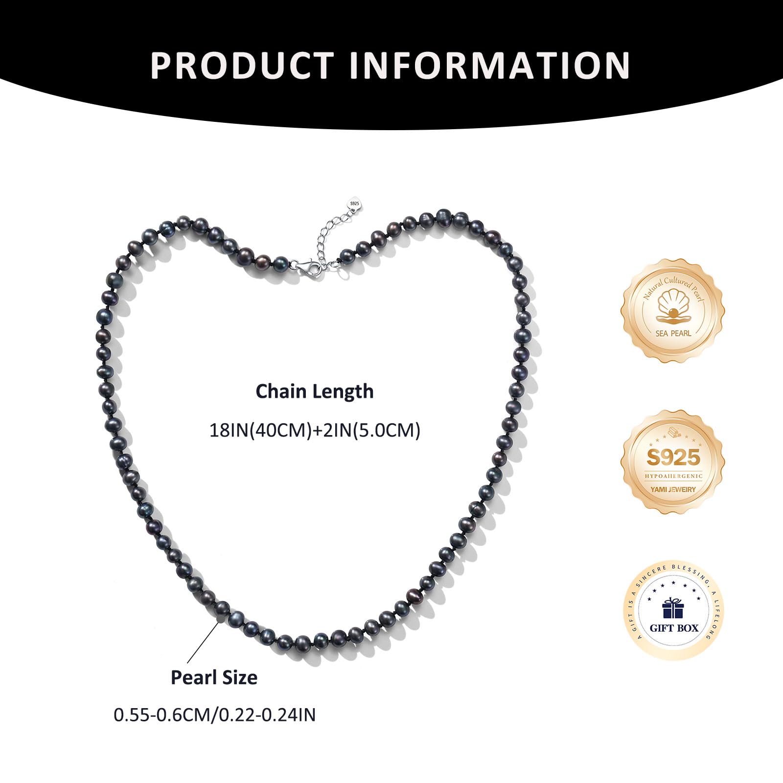 YAMI Collar de perlas negras, 5,5-6 mm, perlas redondas naturales cultivadas en agua salada con cierre de plata de ley 925, elegante, 18 + 2