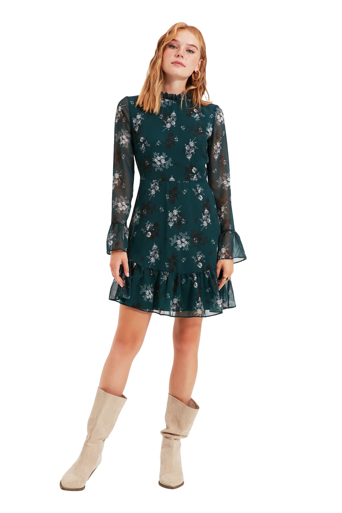 TRENDYOL Damen Trendyol Blumenmuster Kleid Business Casual Dress, Grün, 36 EU