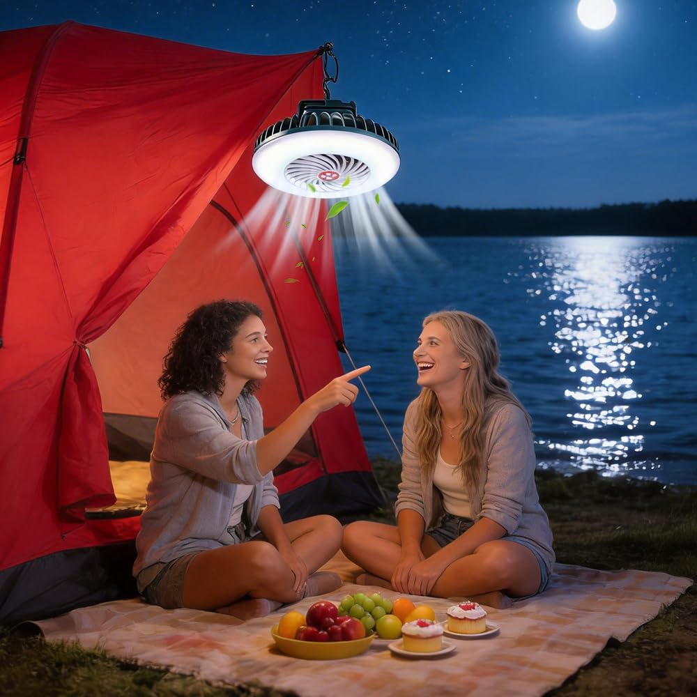 LED Campinglampe mit Ventilator, AVCXEC Camping Ventilator mit Licht, Camping Lampe mit Ventilator, Camping Licht mit USB Aufladbar, Zeltlampe Zum Aufhängen mit Hanging Haken für Campe, Angeln