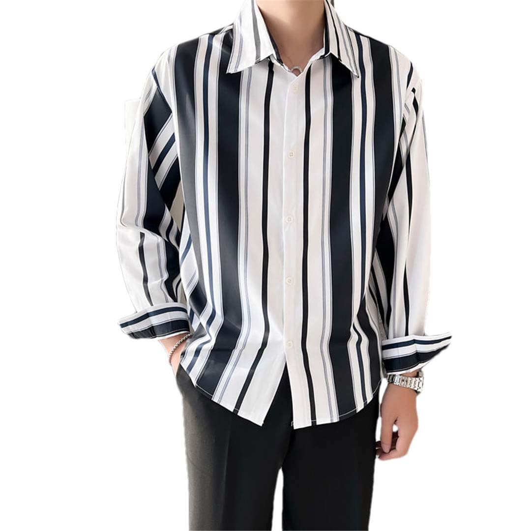 Yeuyyben Camicia con Stampa A Righe per Uomo A Maniche Lunghe con Risvolto Camicia da Uomo Casual Allentata Primavera