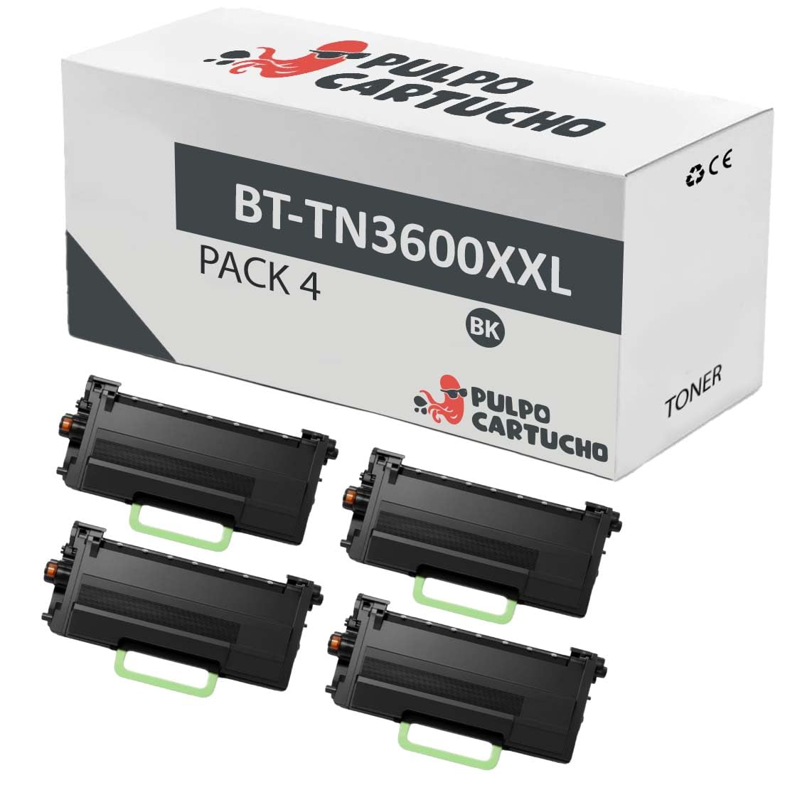 Pulpo Cartucho - Pack de 4 Toner Genéricos TN3600XXL Compatible con Brother TN-3600XL-Para HL-L5210DW,HL-L5210DN,HL-L6410DN,HL-L6210DW, MFC-L5710DW, MFC-L5710DN, MFC-L6710DW, MFC-L6910DN, DCP-L5510DW